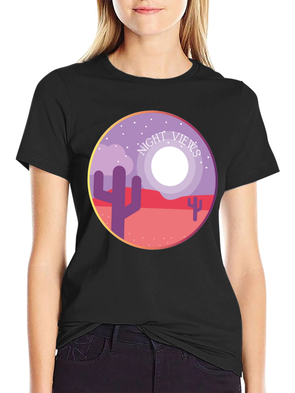 Night Views Desert T-Shirt - Unique Cactus Design