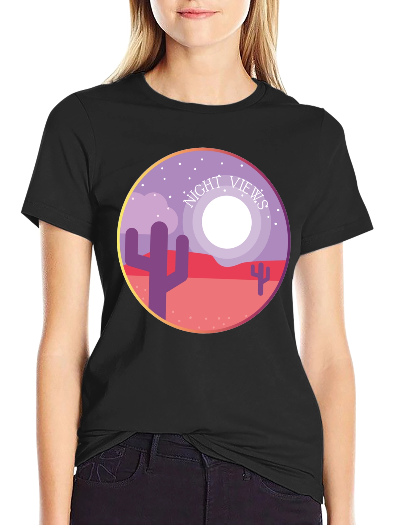 Night Views Desert T-Shirt - Unique Cactus Design