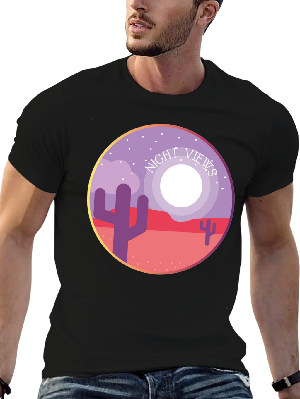 Night Views Desert T-Shirt - Unique Cactus Design