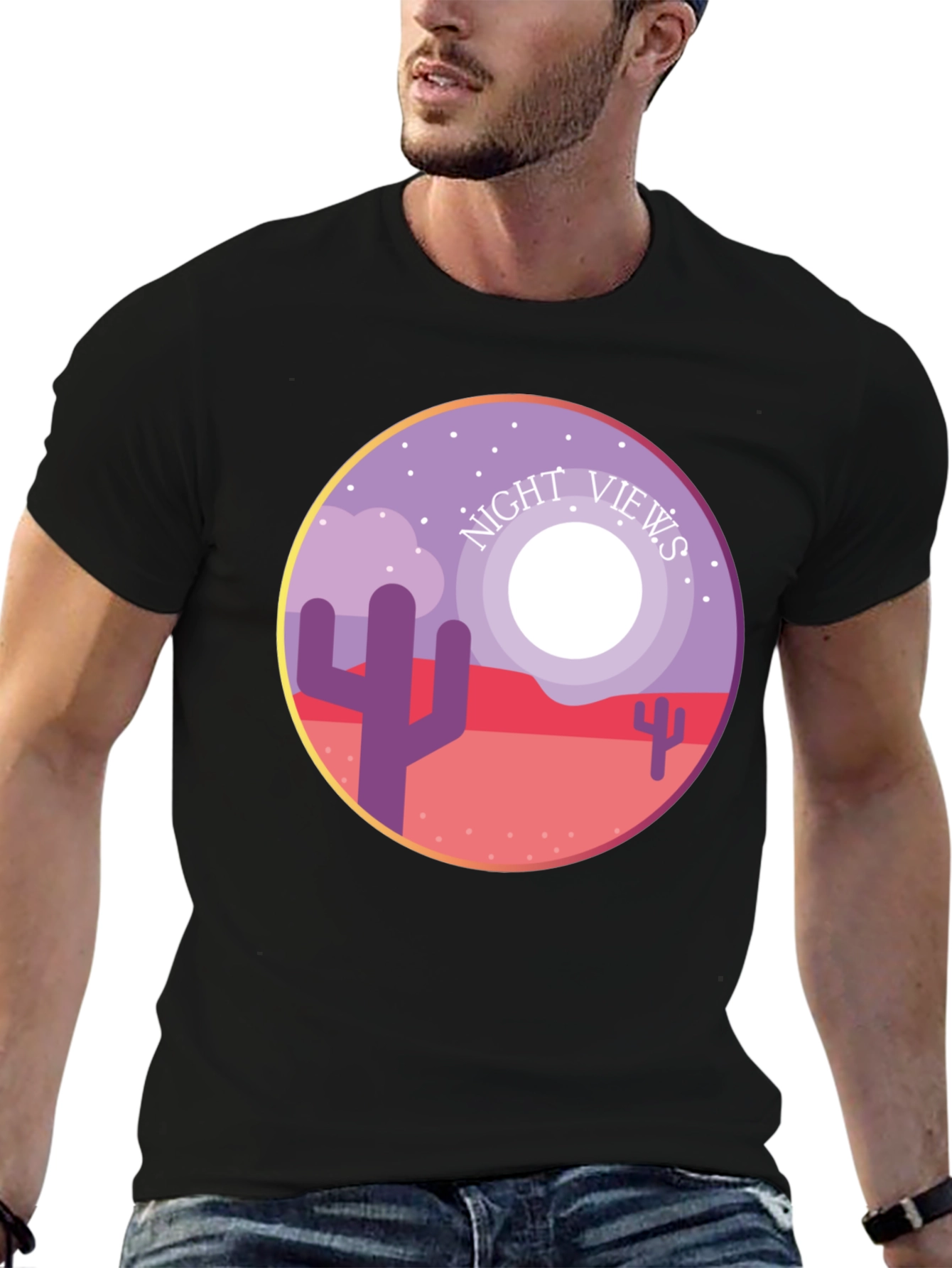 Night Views Desert T-Shirt - Unique Cactus Design