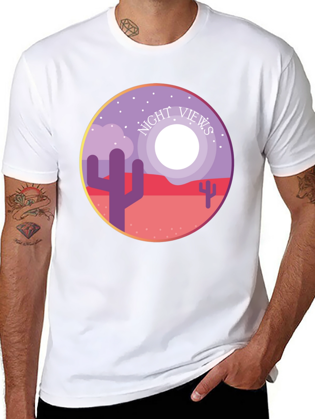 Night Views Desert T-Shirt - Unique Cactus Design
