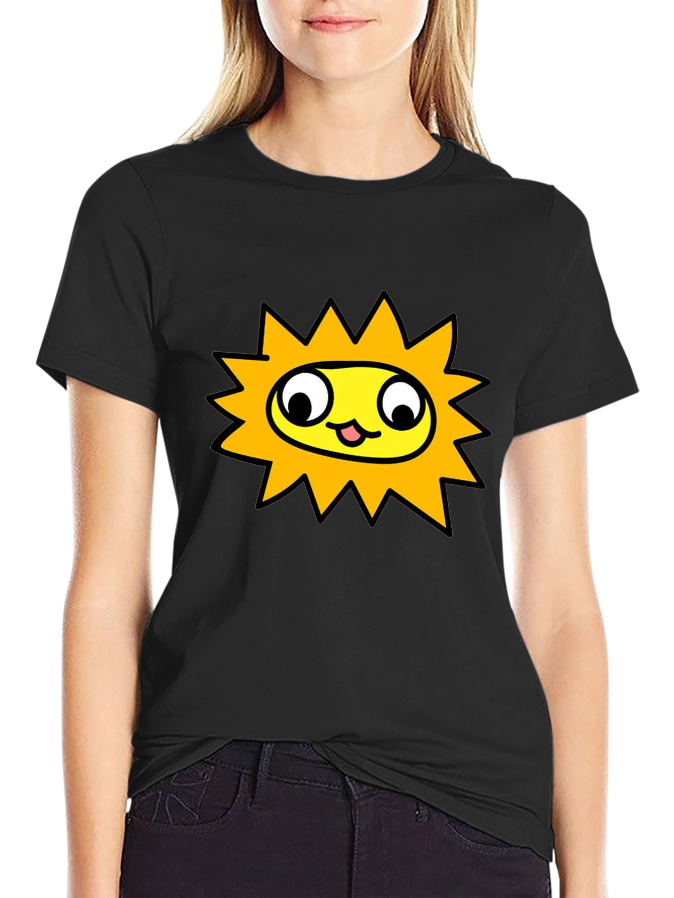 Sunny Character Graphic Tee - Black Crew Neck Shirt
