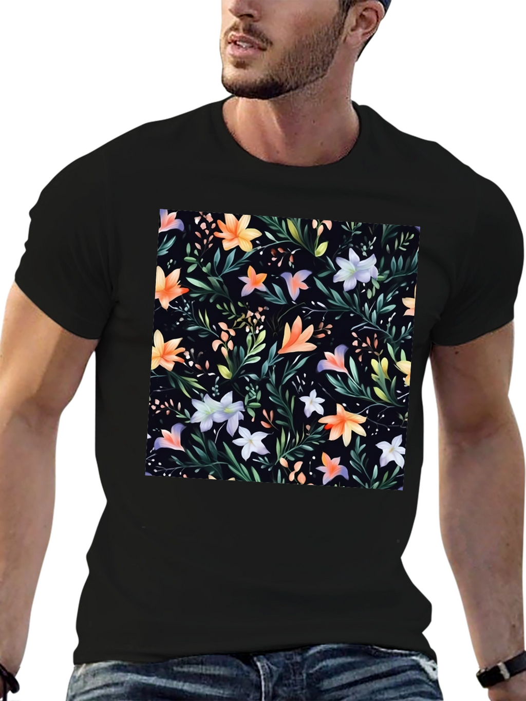 Floral Print Black Crew Neck T-Shirt