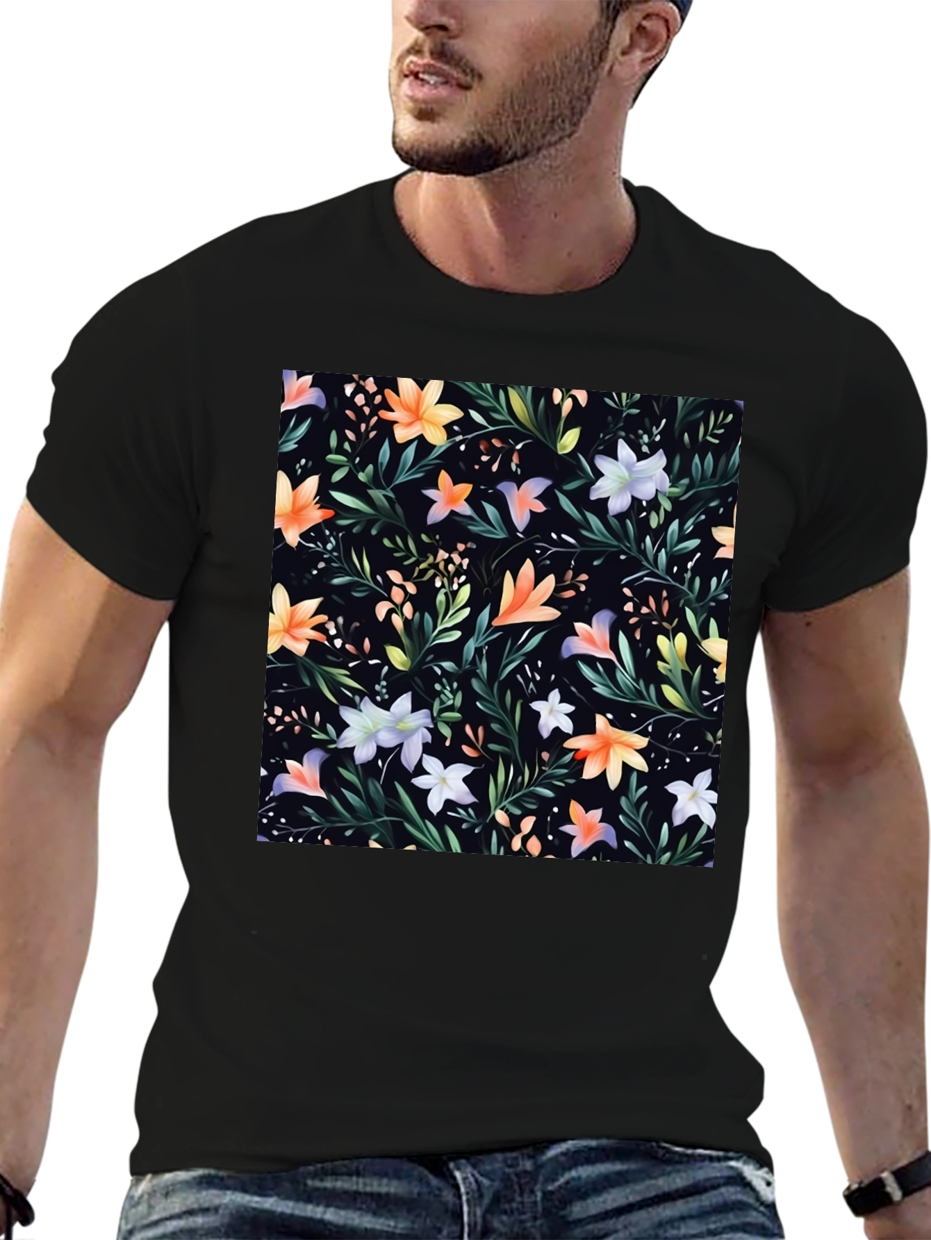Floral Print Black Crew Neck T-Shirt