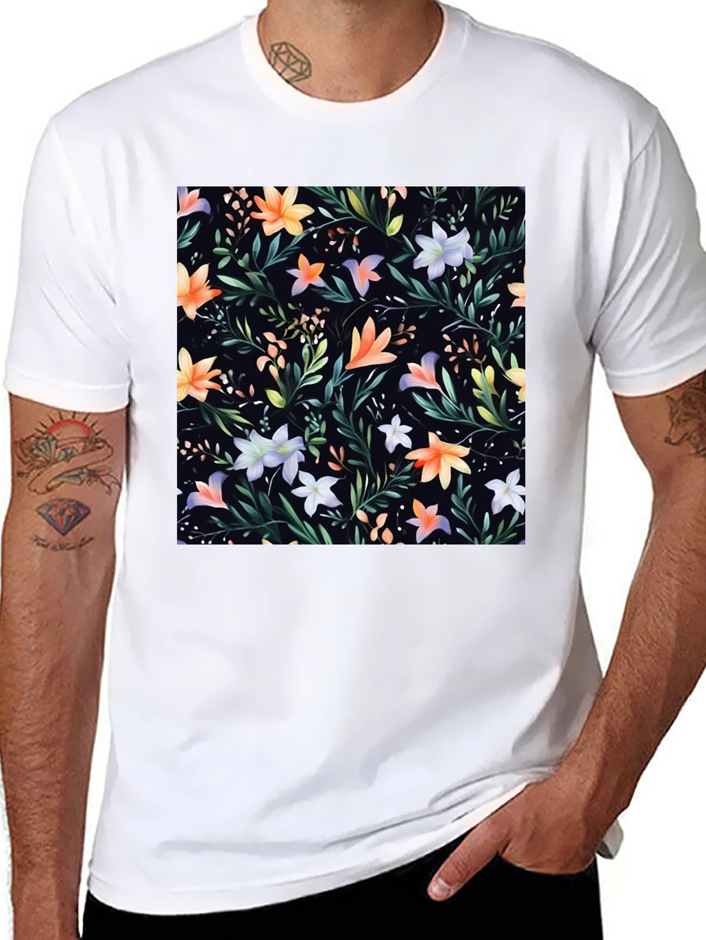 Floral Print Black Crew Neck T-Shirt