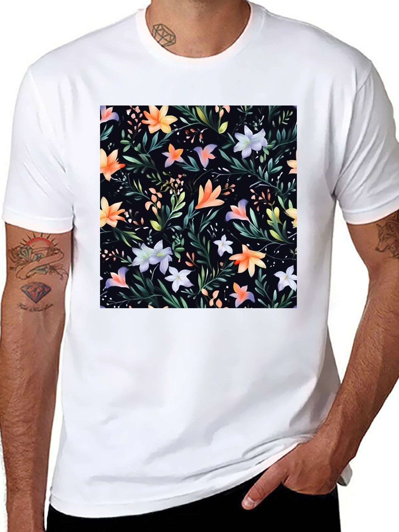 Floral Print Black Crew Neck T-Shirt