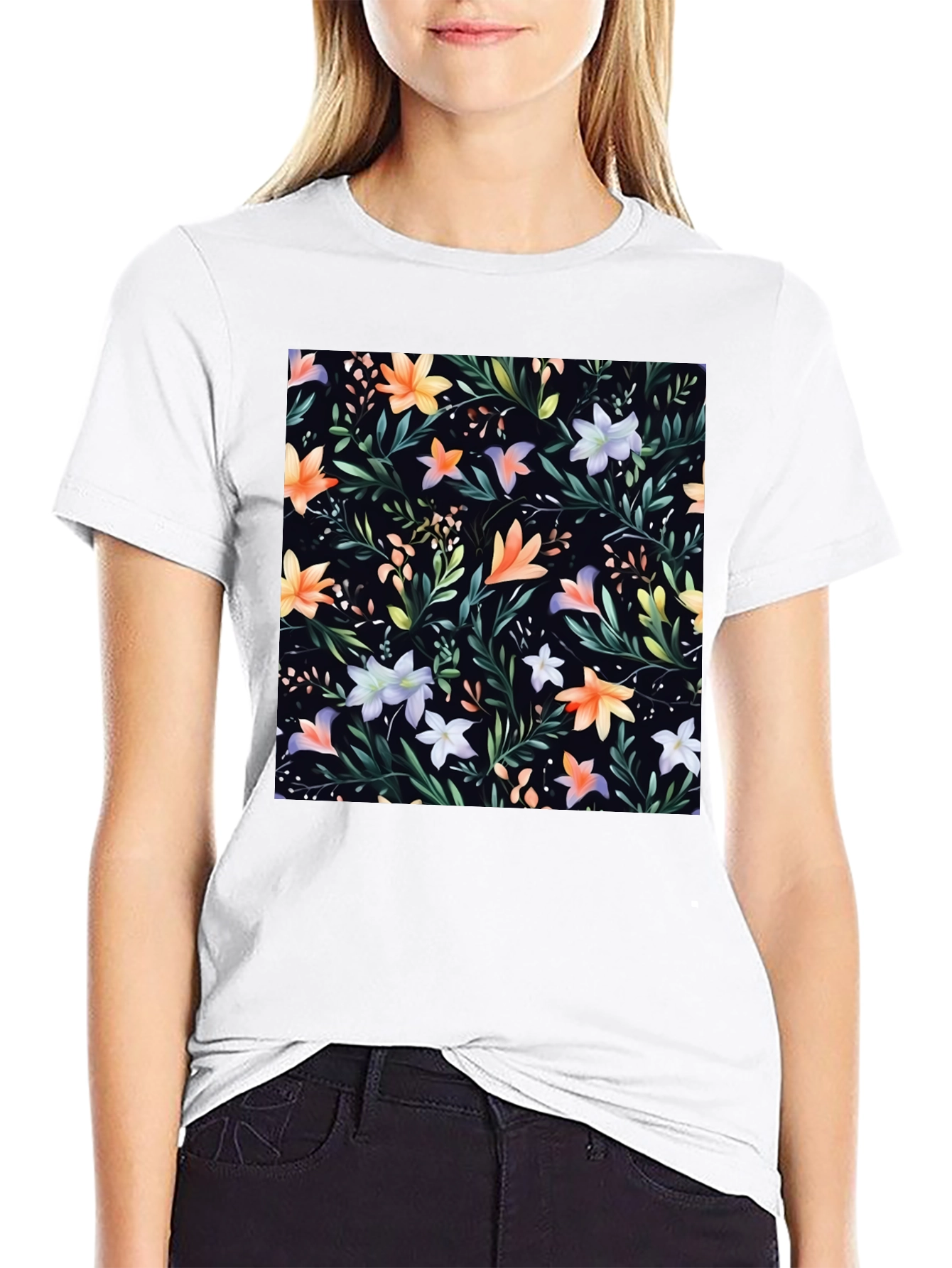 Floral Print Black Crew Neck T-Shirt