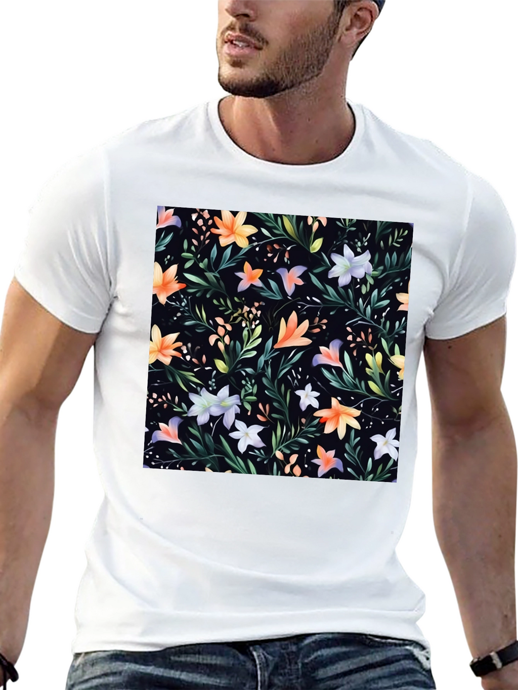 Floral Print Black Crew Neck T-Shirt