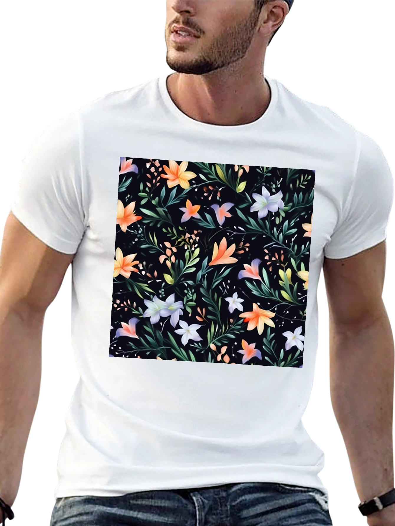 Floral Print Black Crew Neck T-Shirt