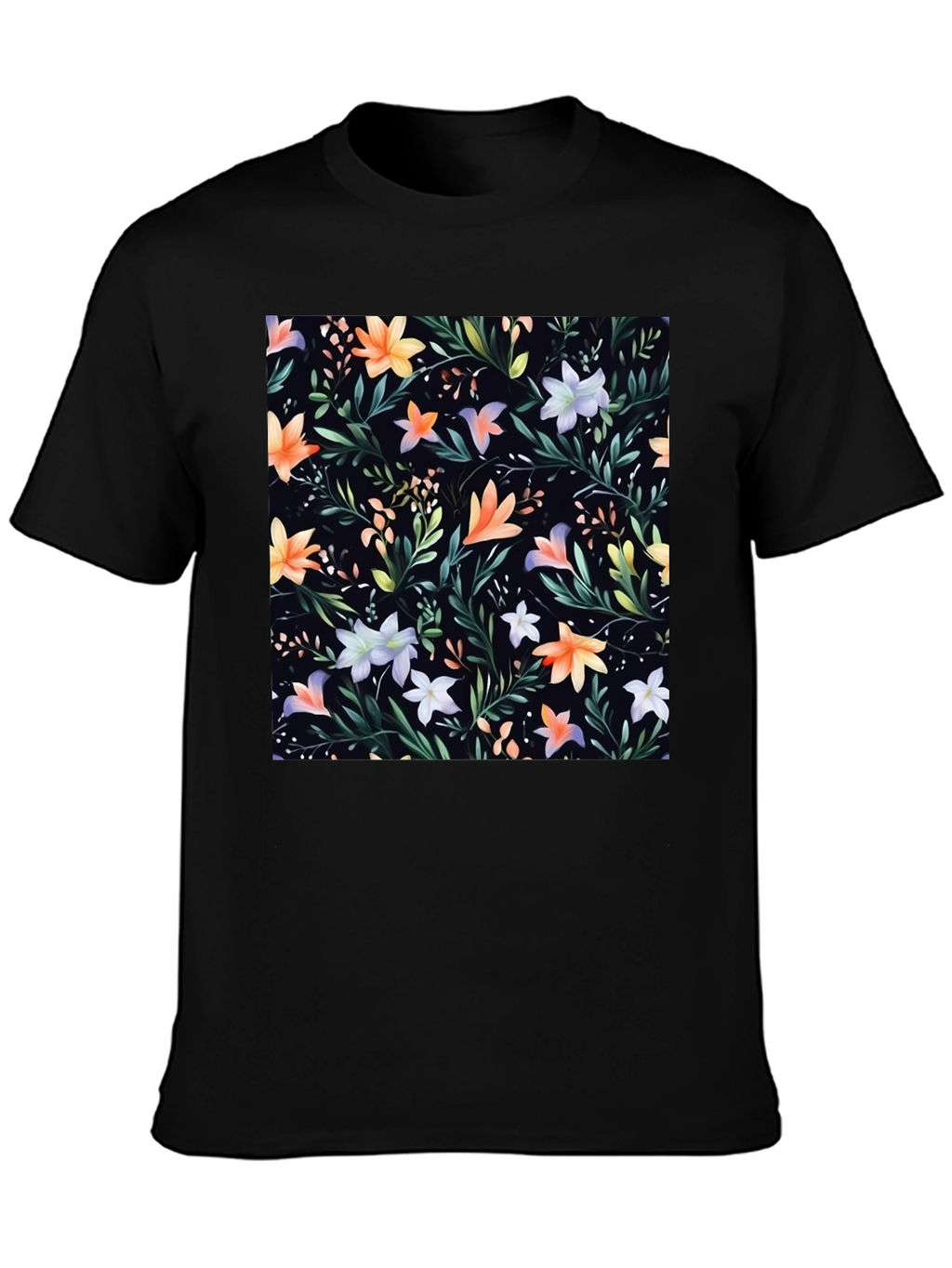 Floral Print Black Crew Neck T-Shirt