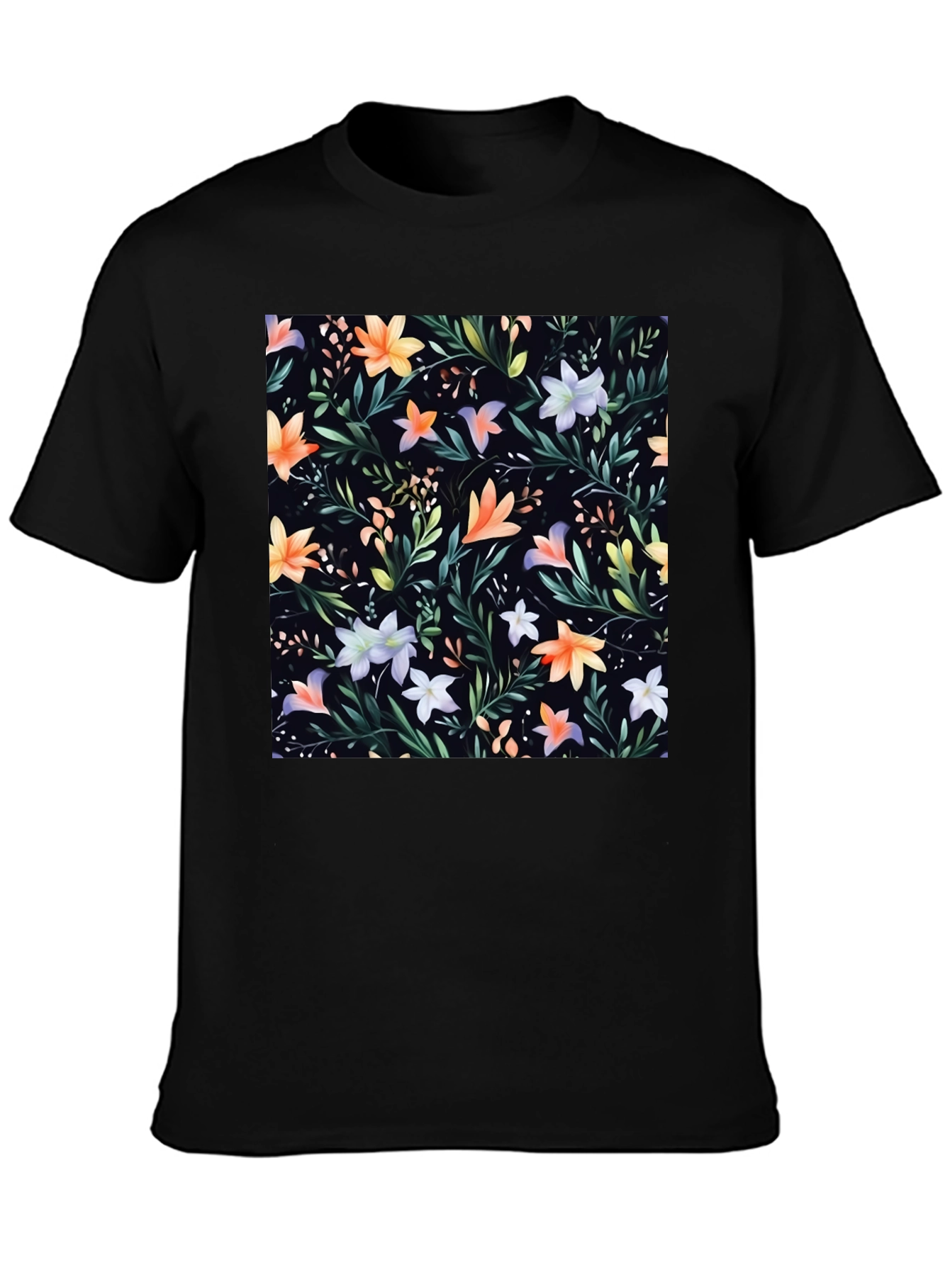 Floral Print Black Crew Neck T-Shirt