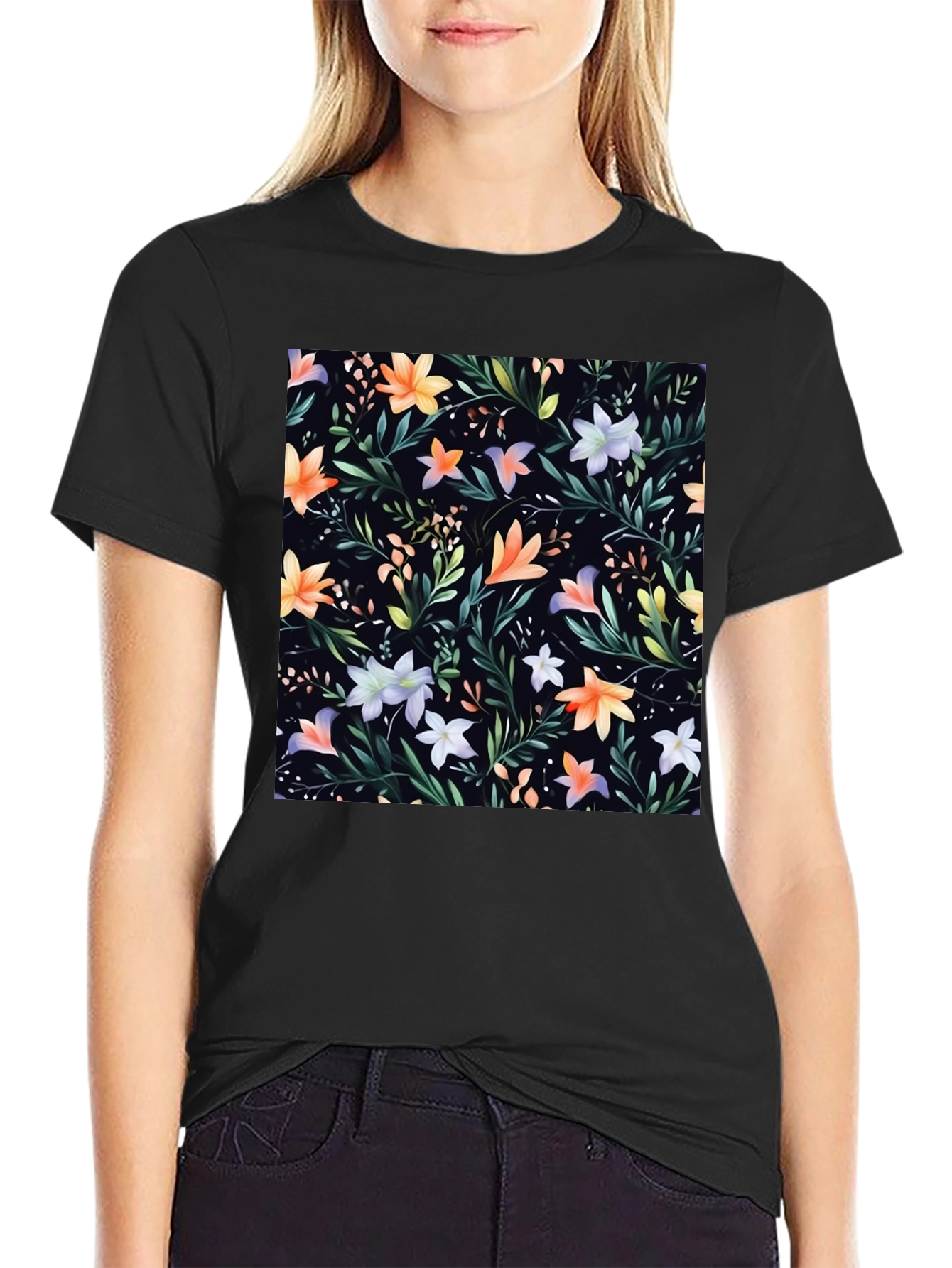 Floral Print Black Crew Neck T-Shirt