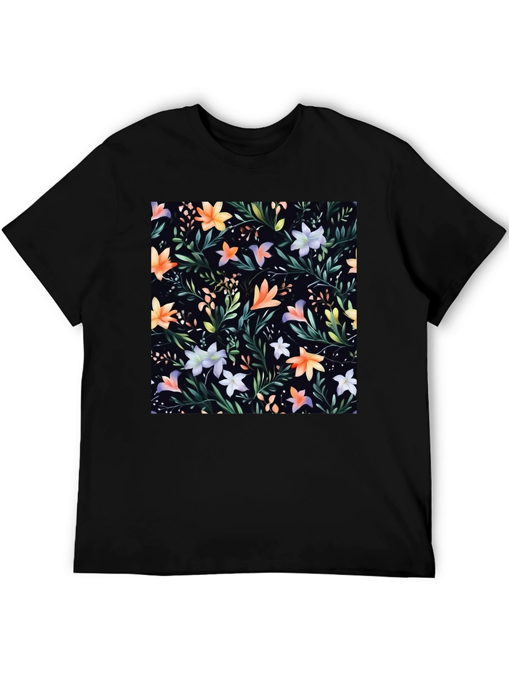 Floral Print Black Crew Neck T-Shirt