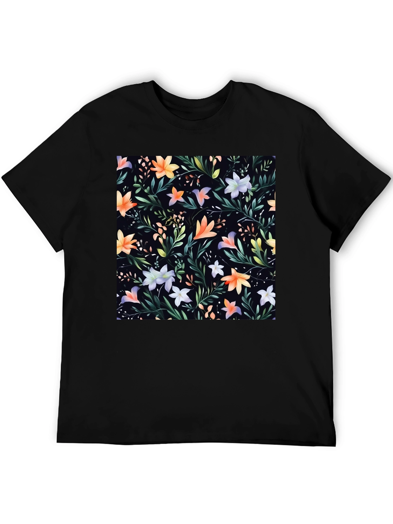 Floral Print Black Crew Neck T-Shirt