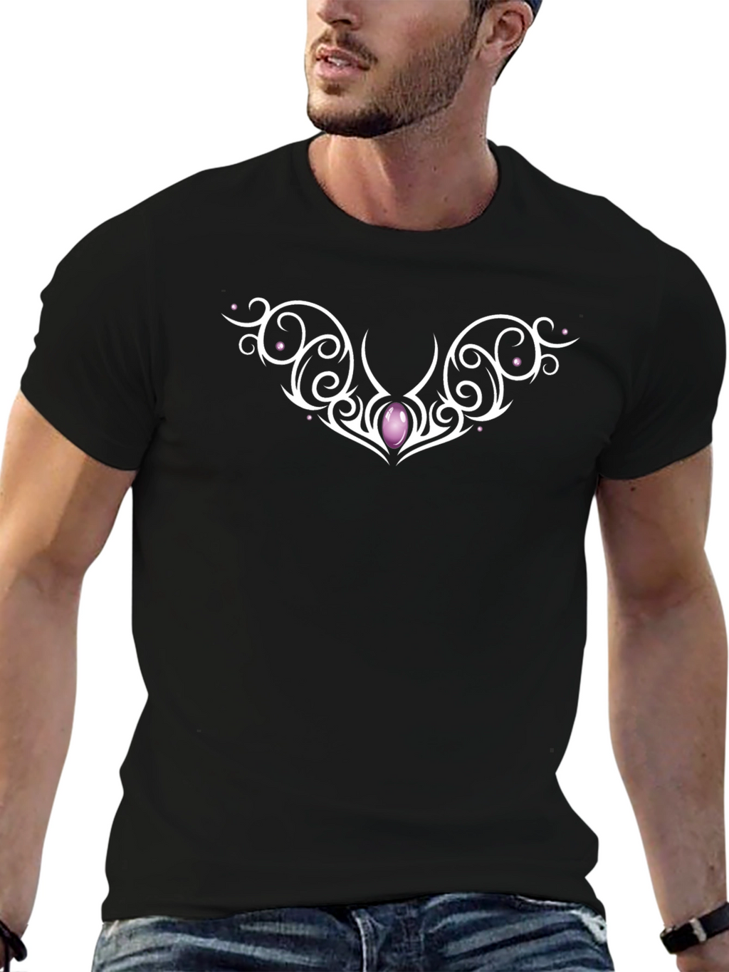 Elegant Black T-Shirt with Ornamental Gem Design