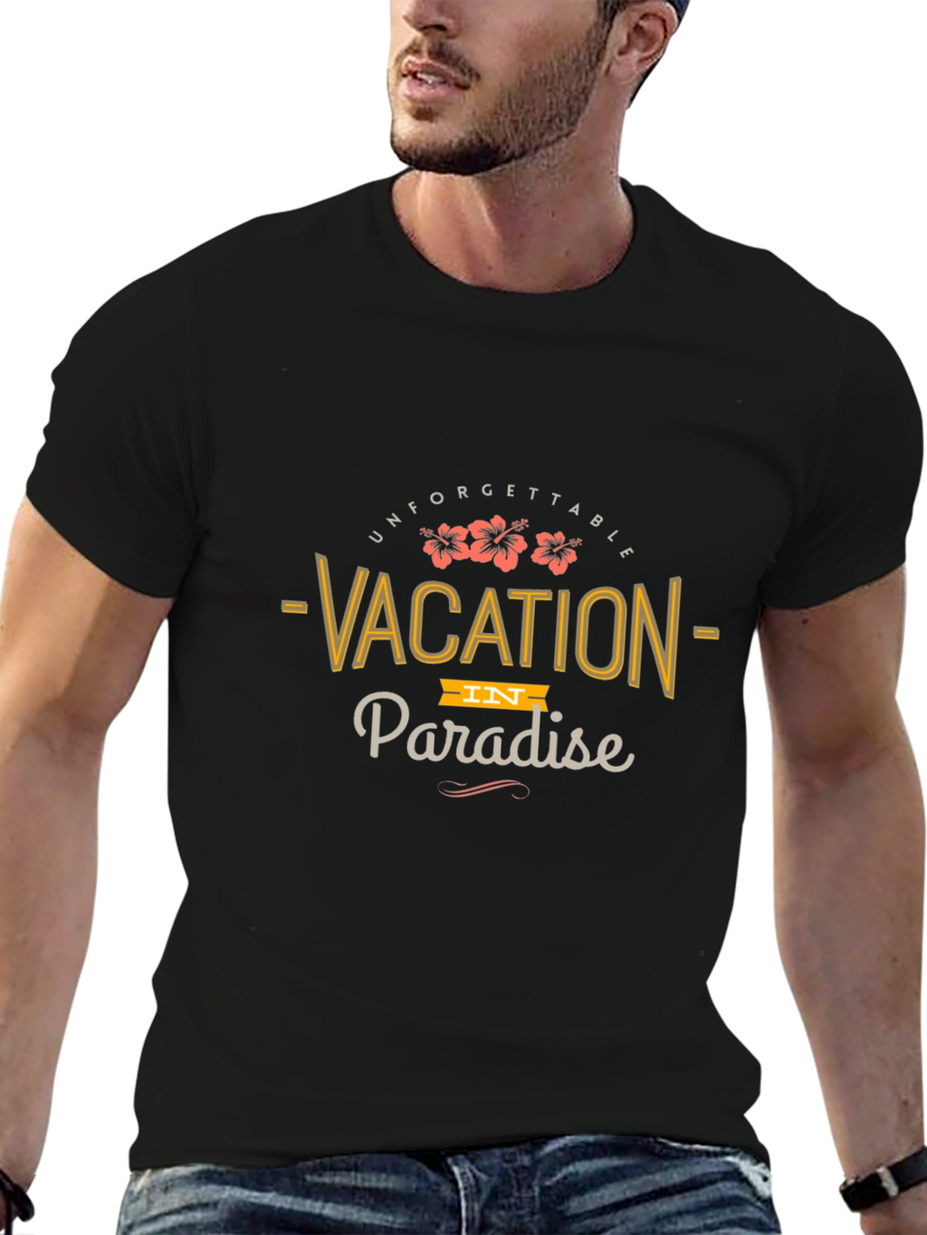 Vacation in Paradise Black Graphic T-Shirt
