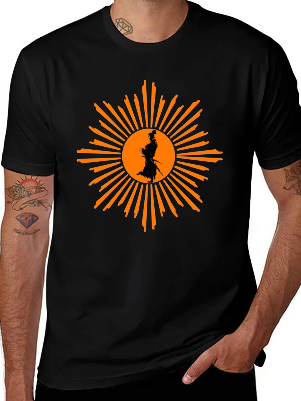 Samurai Sunburst Graphic T-Shirt - Black Cotton Tee
