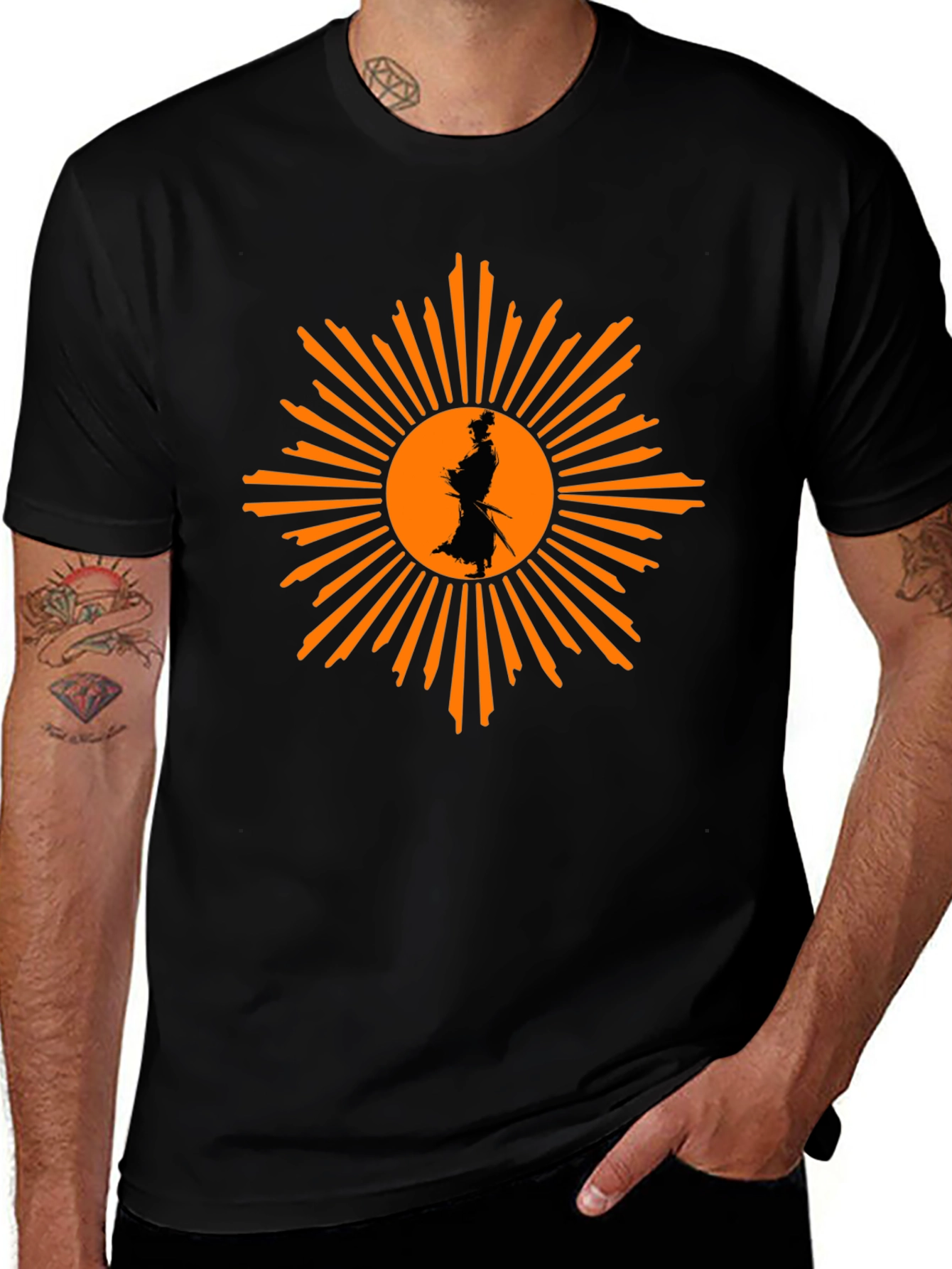 Samurai Sunburst Graphic T-Shirt - Black Cotton Tee