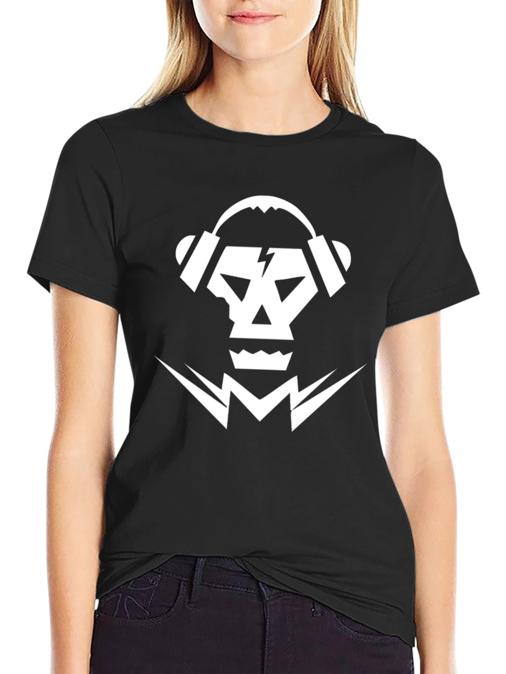 Skull & Headphones Graphic Tee - Black Cotton