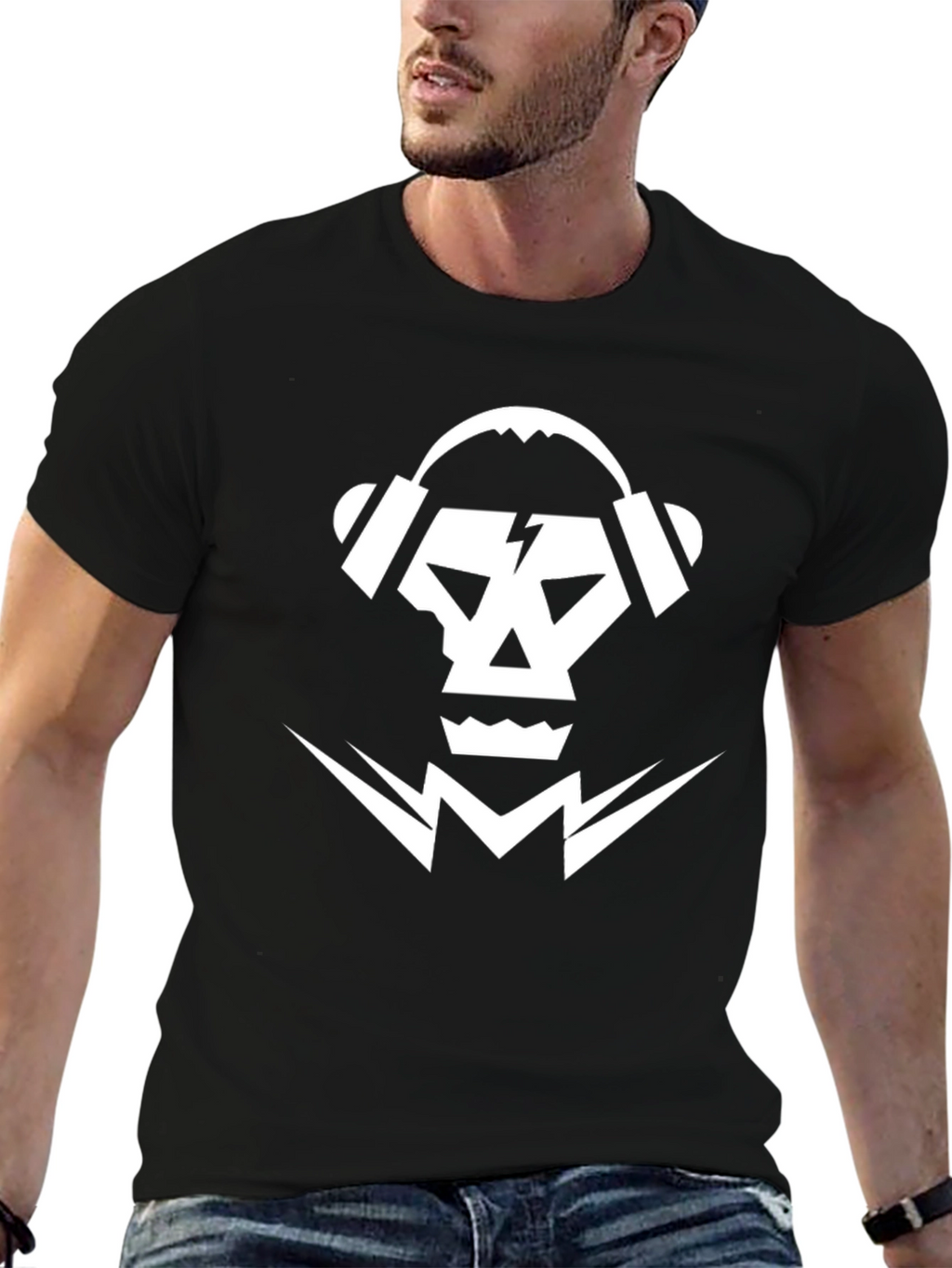 Skull & Headphones Graphic Tee - Black Cotton