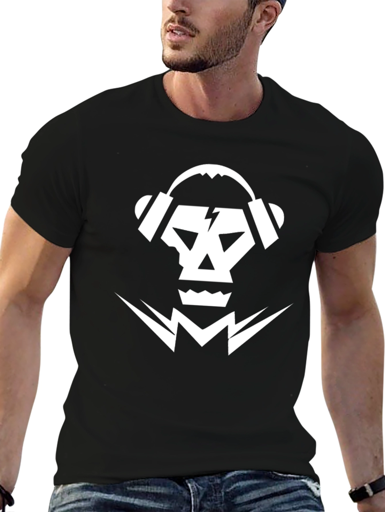 Skull & Headphones Graphic Tee - Black Cotton