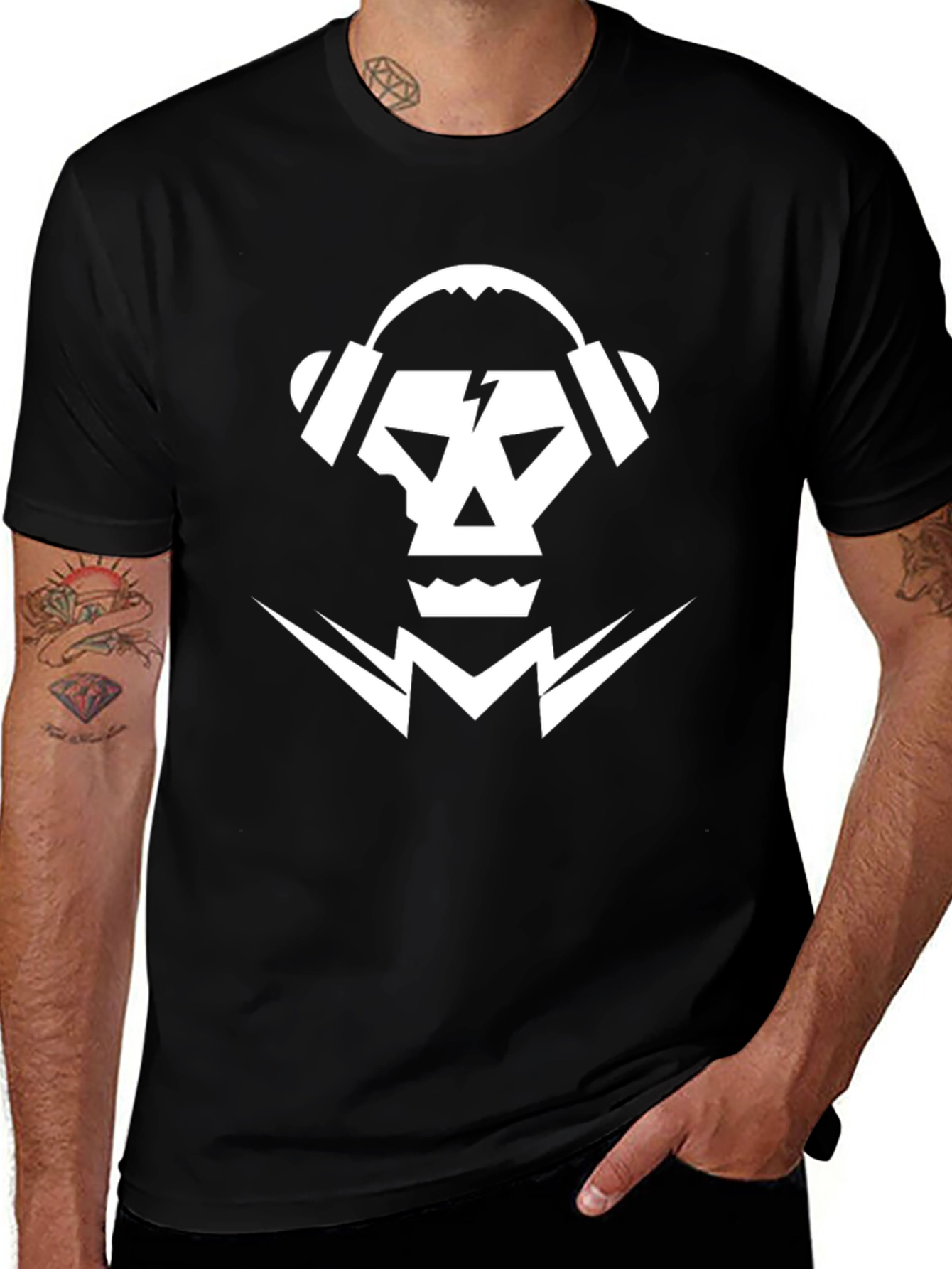Skull & Headphones Graphic Tee - Black Cotton