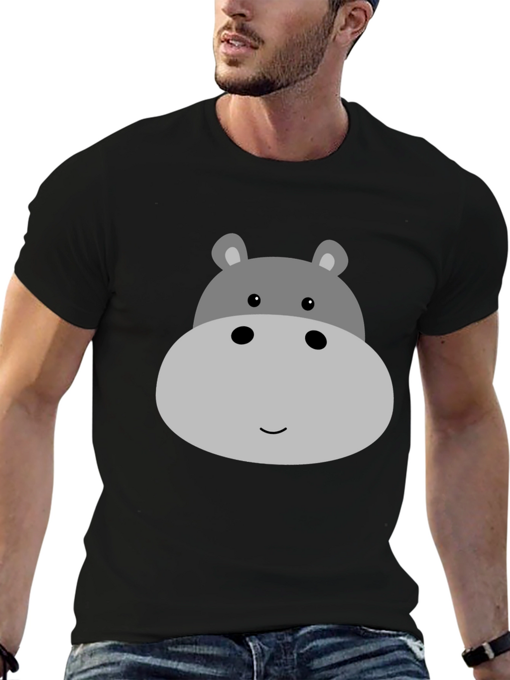 Cute Hippo Face Graphic Tee - Black