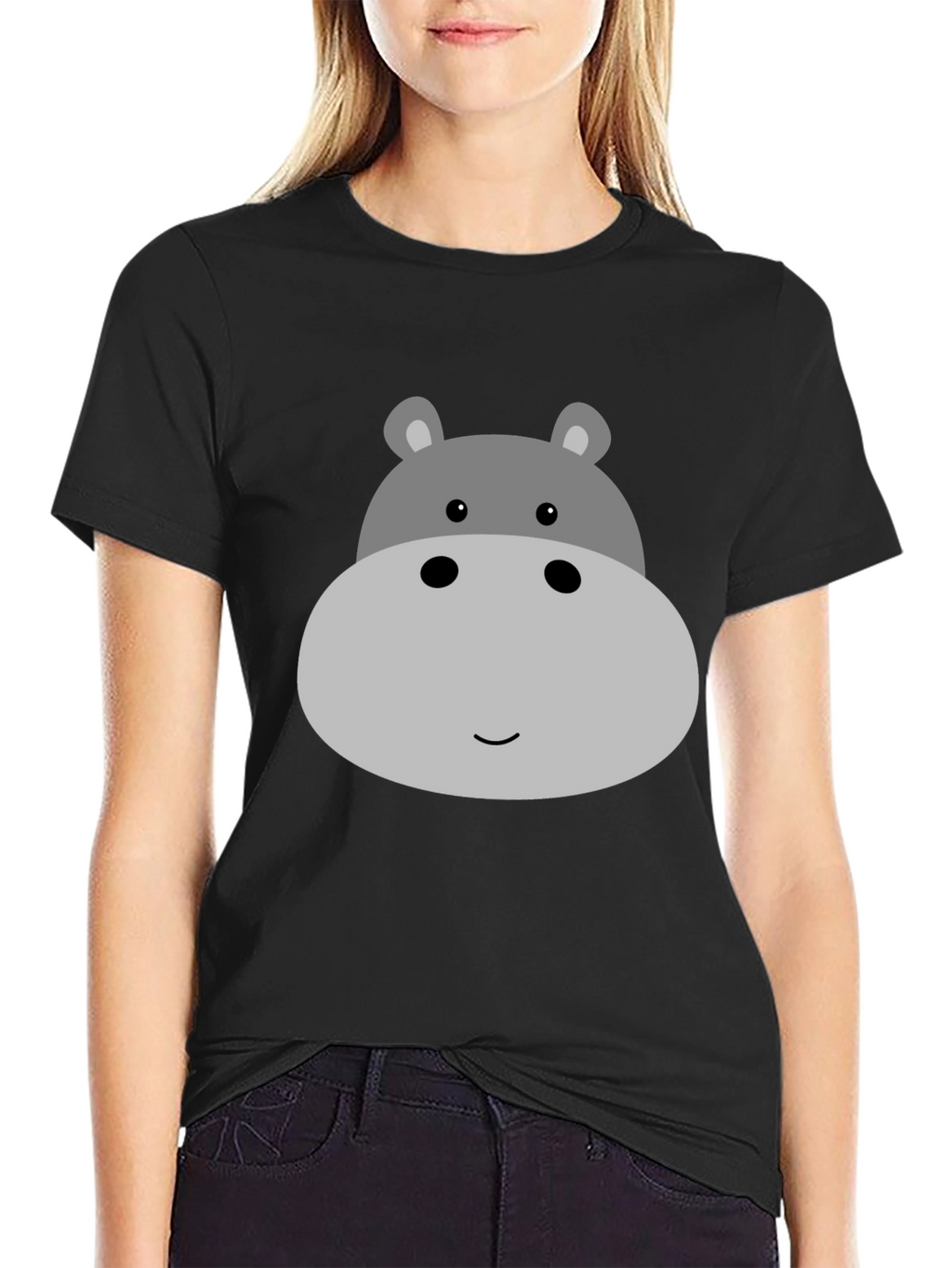Cute Hippo Face Graphic Tee - Black