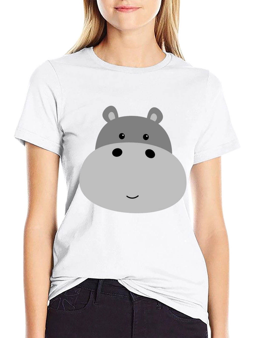 Cute Hippo Face Graphic Tee - Black