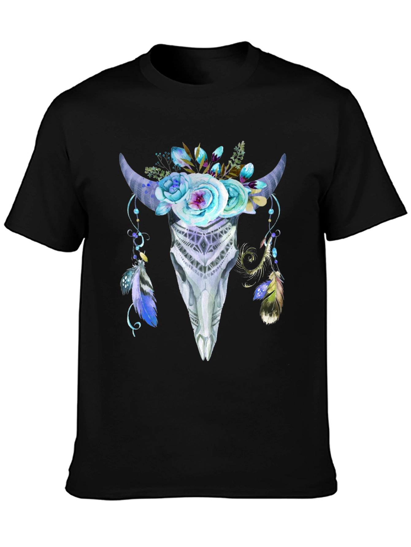 Floral Bull Skull Graphic Tee - Black