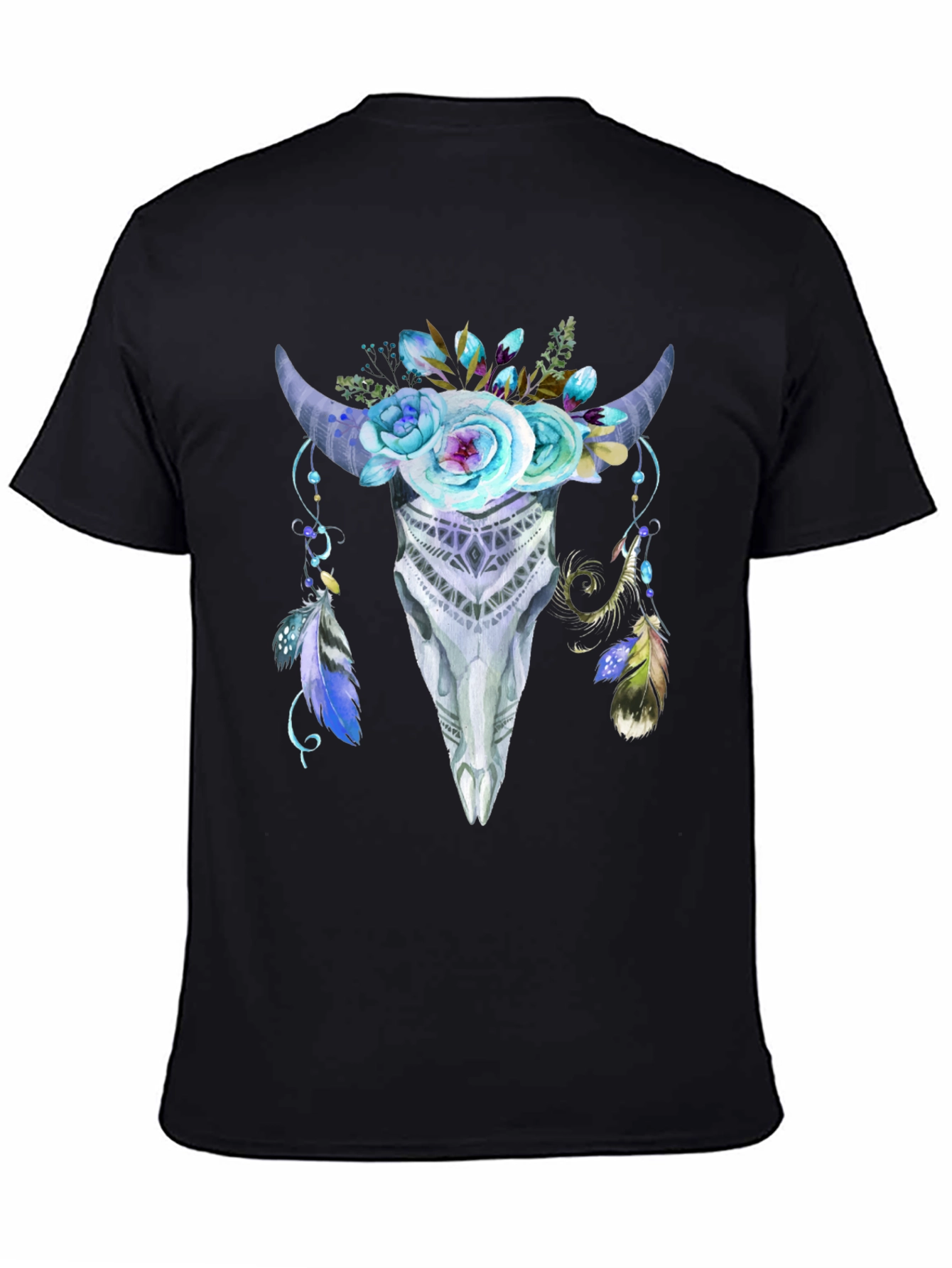 Floral Bull Skull Graphic Tee - Black