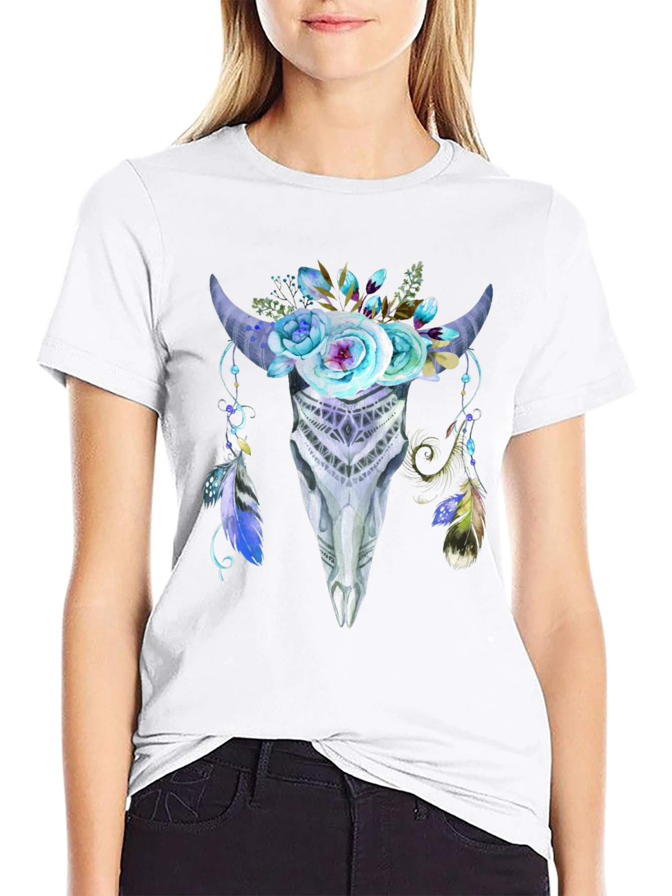 Floral Bull Skull Graphic Tee - Black