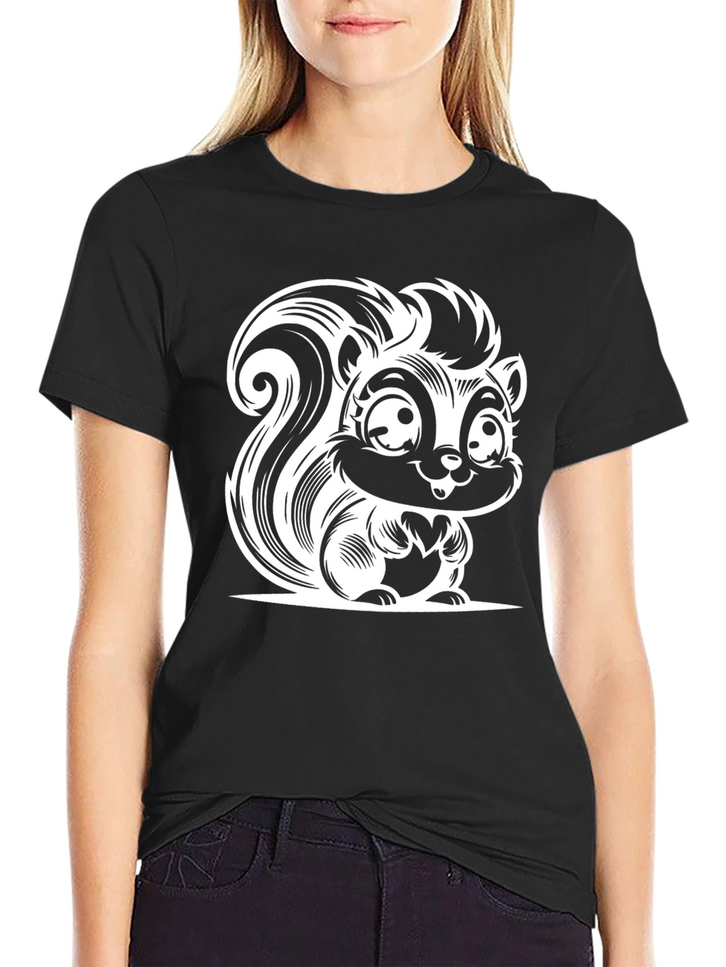 Cartoon Skunk Graphic Tee - Black Cotton T-Shirt