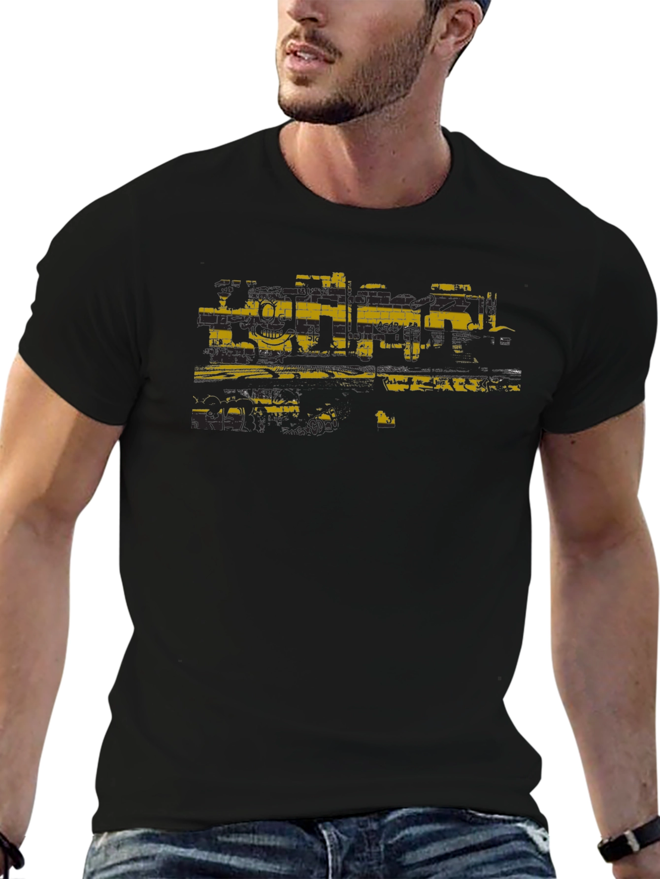 Distressed Graphic Print Black Crew Neck Tee