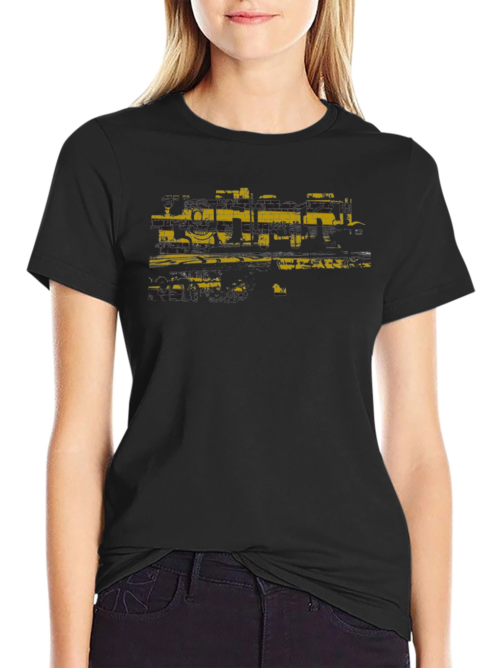 Distressed Graphic Print Black Crew Neck Tee