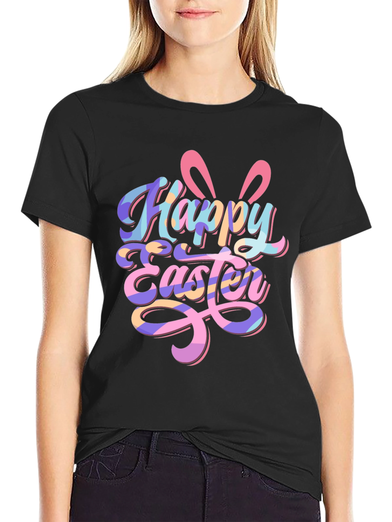 Happy Easter Bunny Ears Graphic Tee - Black Unisex T-Shirt