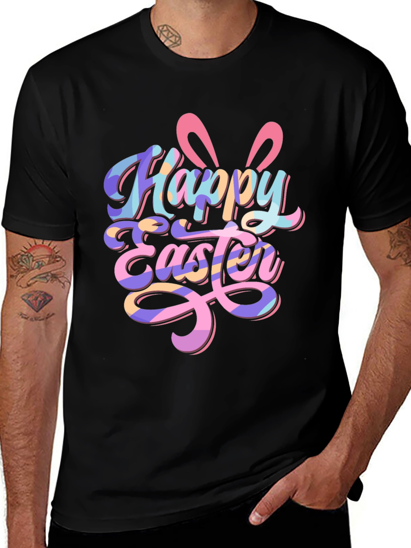 Happy Easter Bunny Ears Graphic Tee - Black Unisex T-Shirt