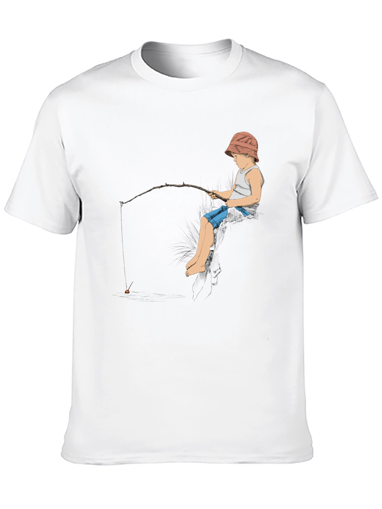 Boy Fishing Graphic Tee - Black Cotton T-Shirt
