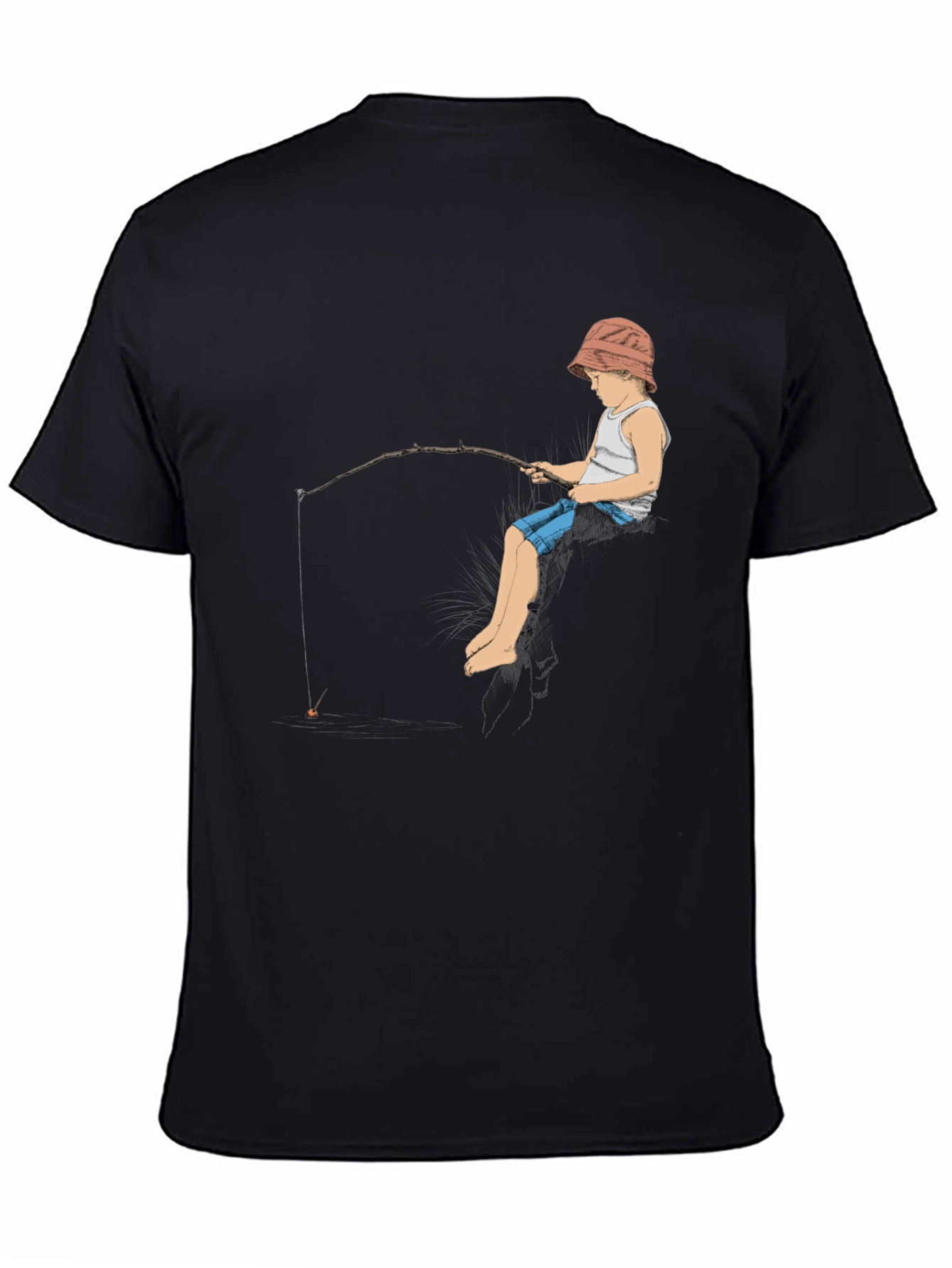Boy Fishing Graphic Tee - Black Cotton T-Shirt