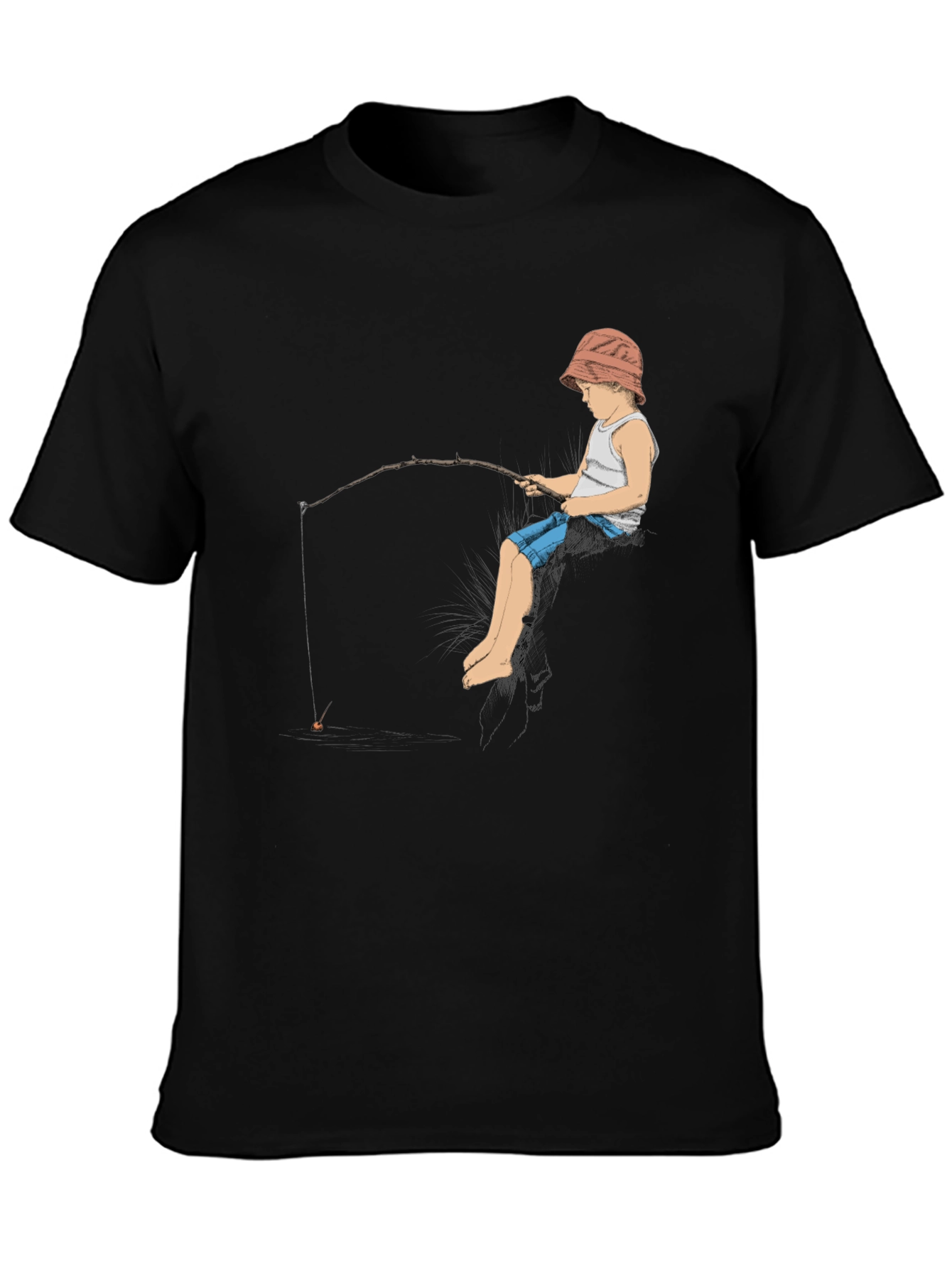 Boy Fishing Graphic Tee - Black Cotton T-Shirt