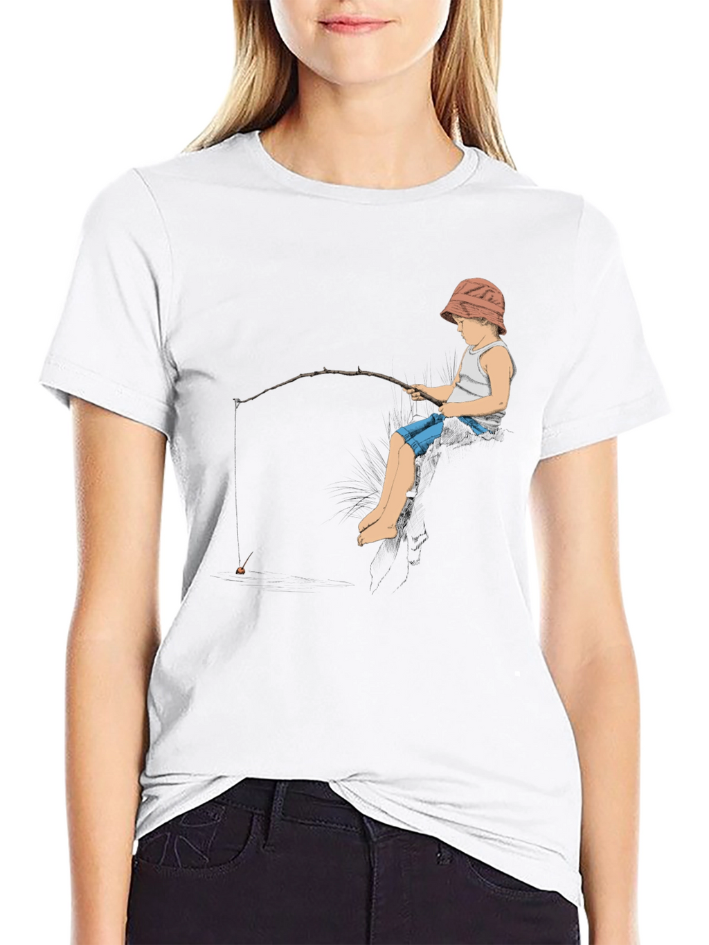 Boy Fishing Graphic Tee - Black Cotton T-Shirt