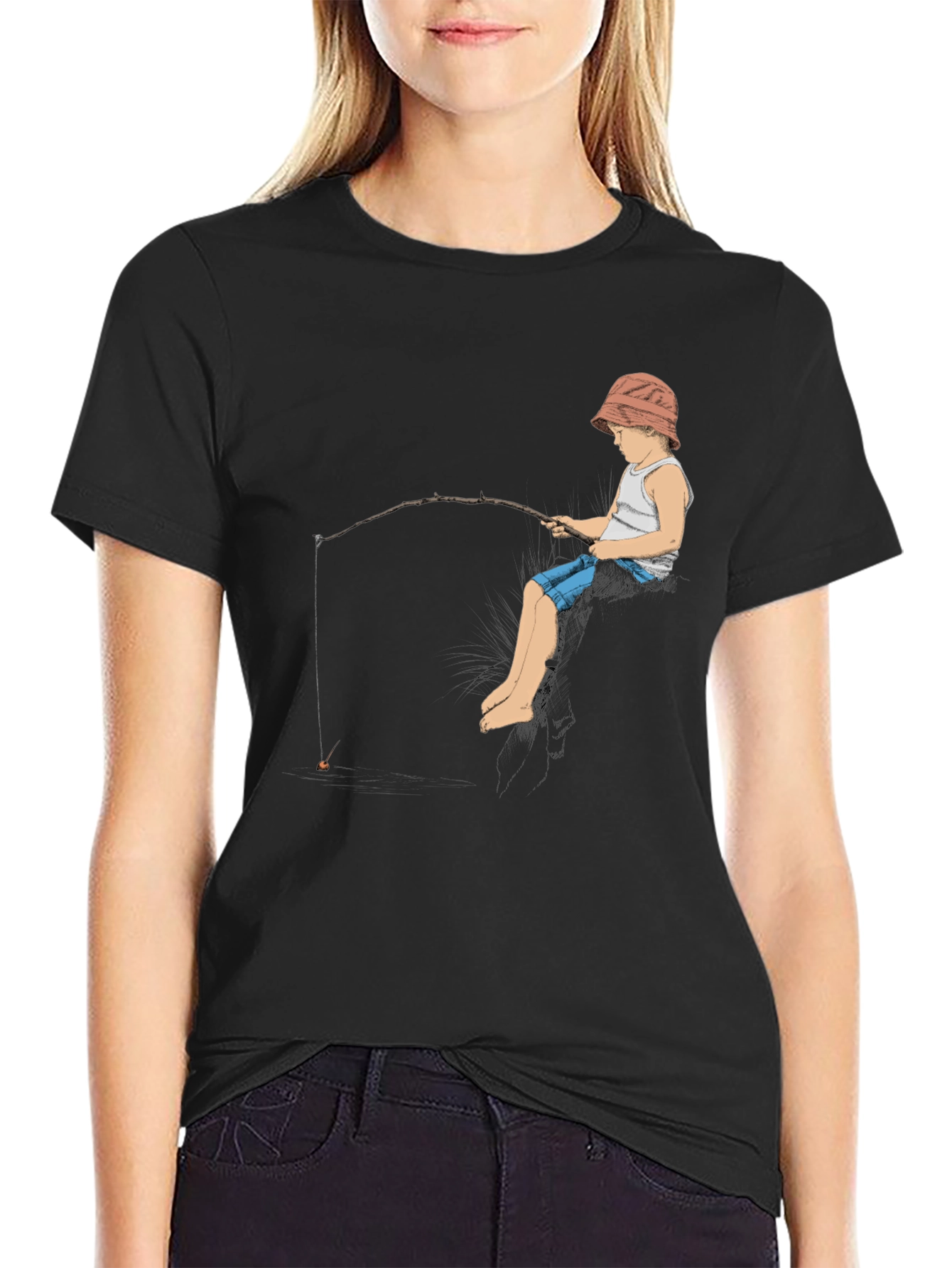 Boy Fishing Graphic Tee - Black Cotton T-Shirt