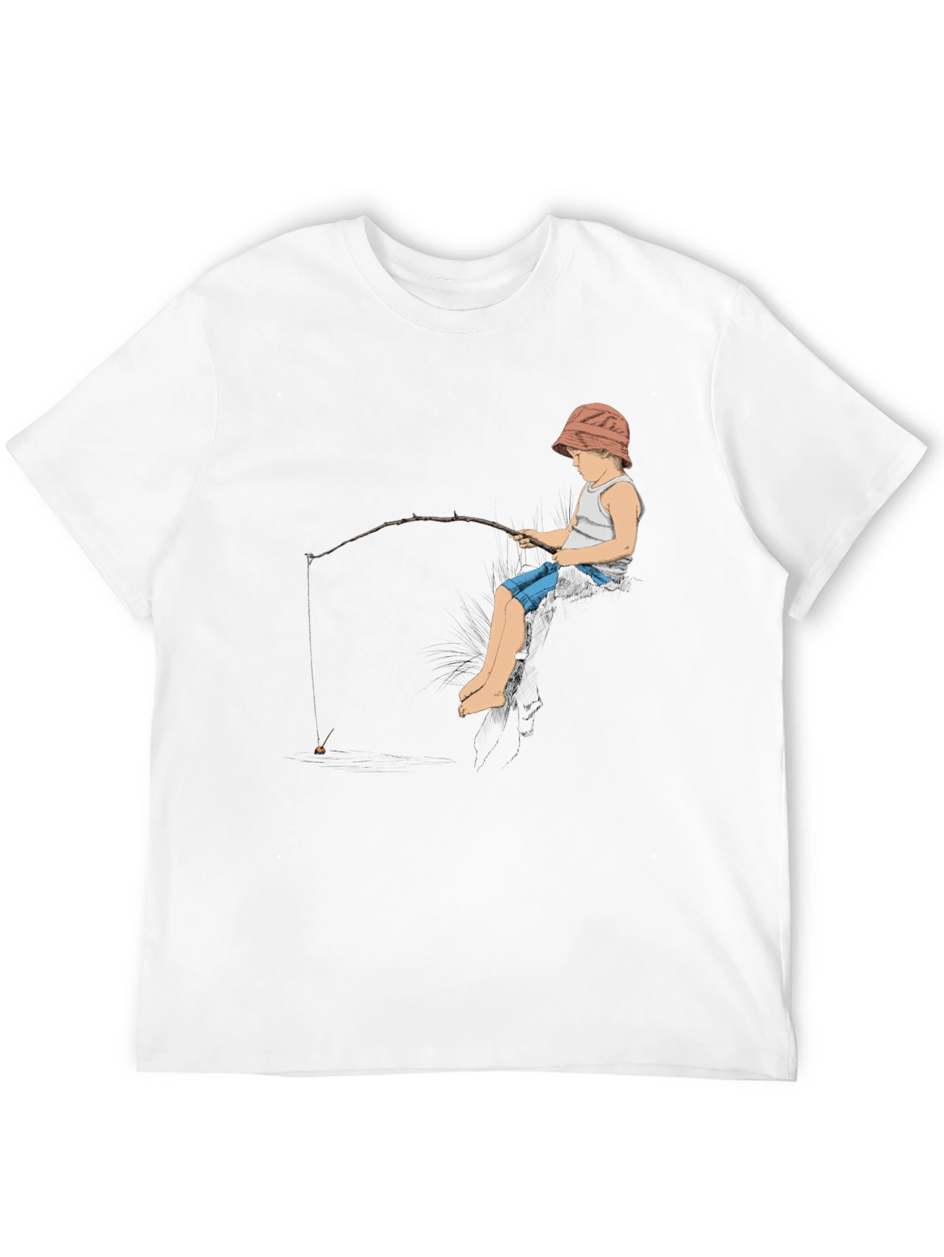 Boy Fishing Graphic Tee - Black Cotton T-Shirt
