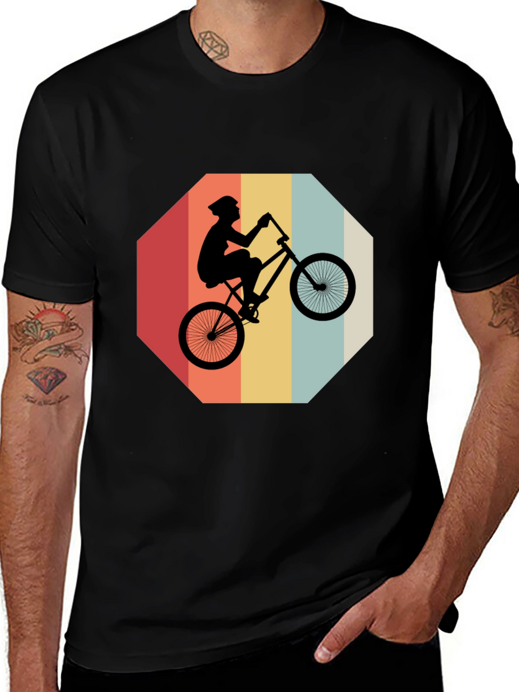 Retro Bike Rider Graphic Tee - Black Cotton Blend