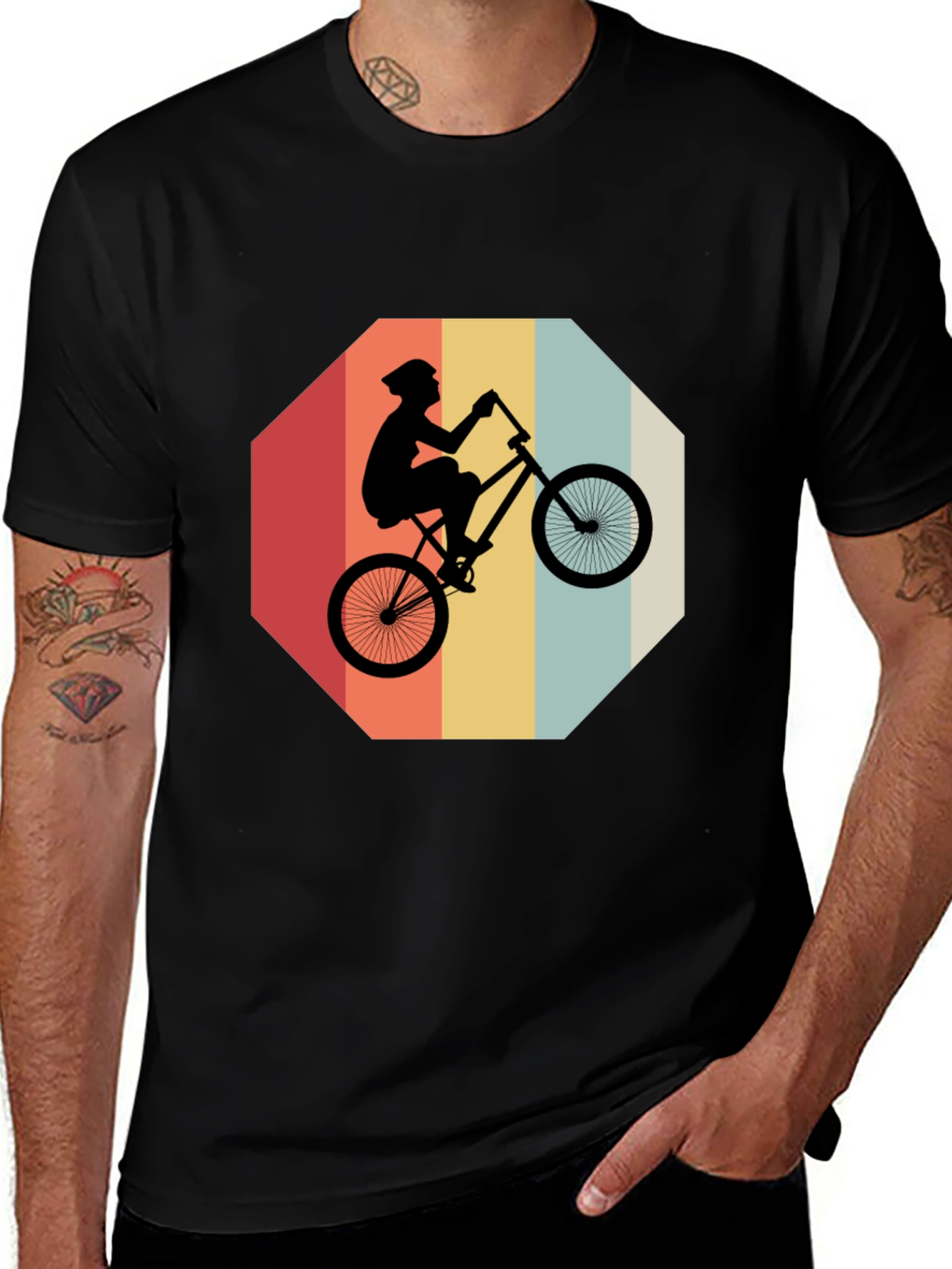 Retro Bike Rider Graphic Tee - Black Cotton Blend