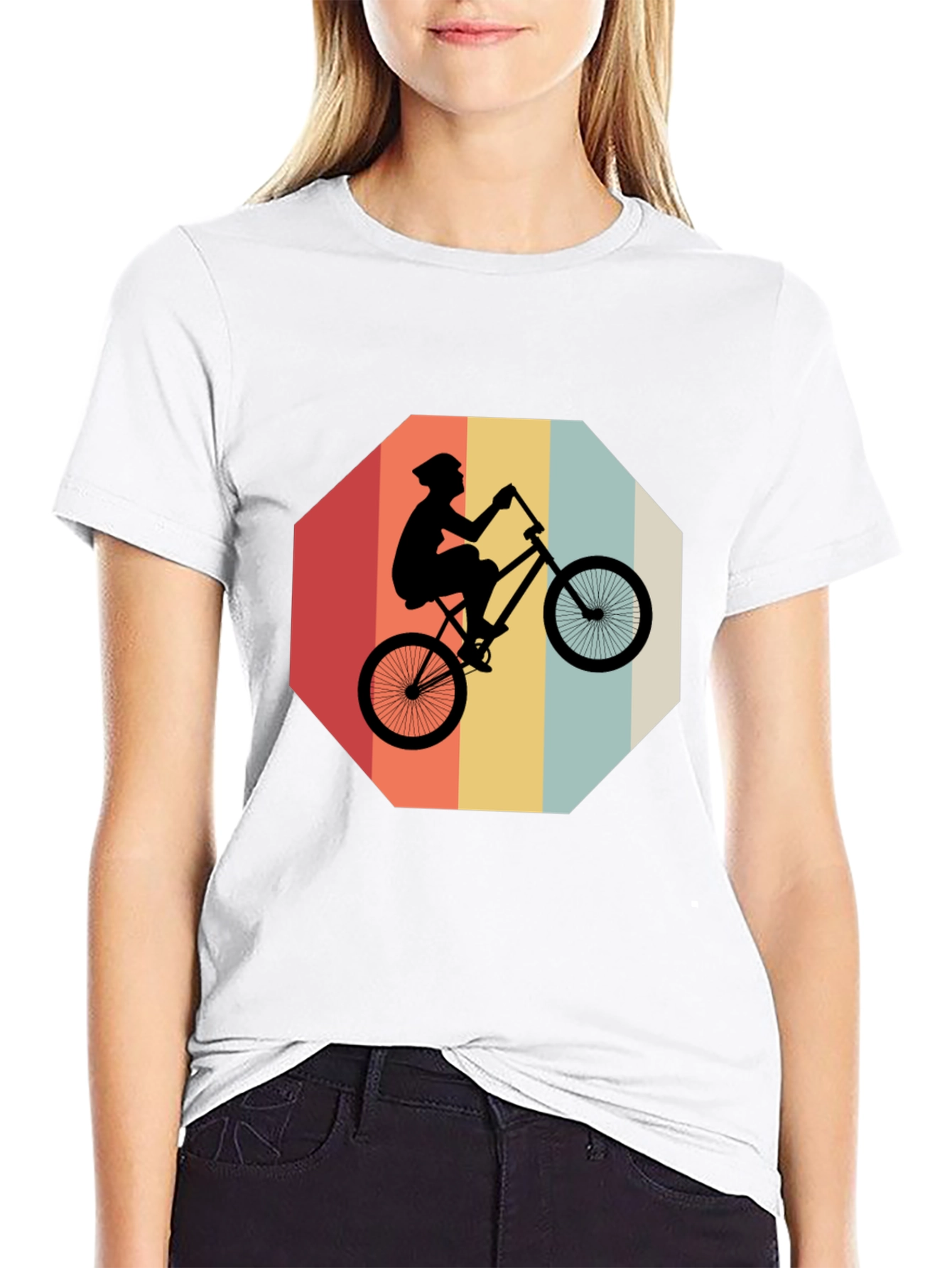 Retro Bike Rider Graphic Tee - Black Cotton Blend