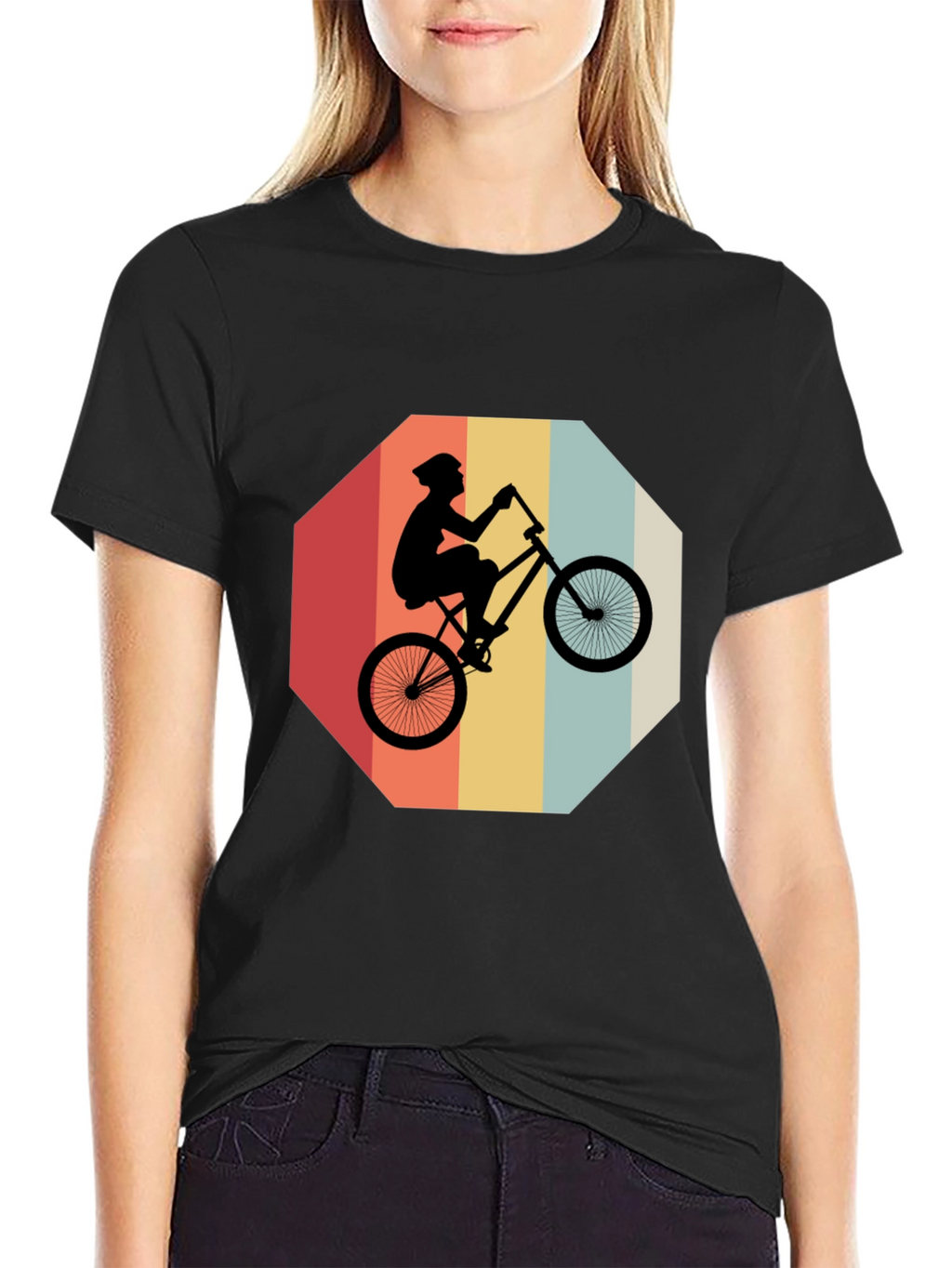 Retro Bike Rider Graphic Tee - Black Cotton Blend