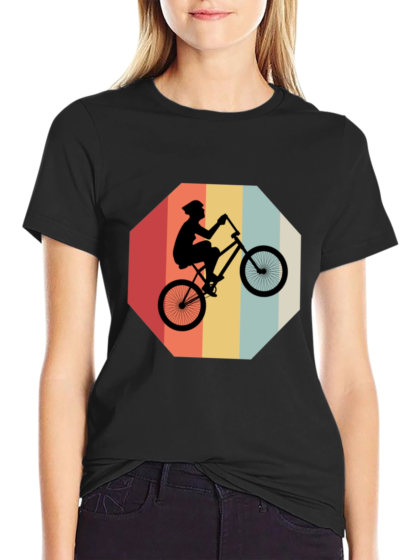 Retro Bike Rider Graphic Tee - Black Cotton Blend