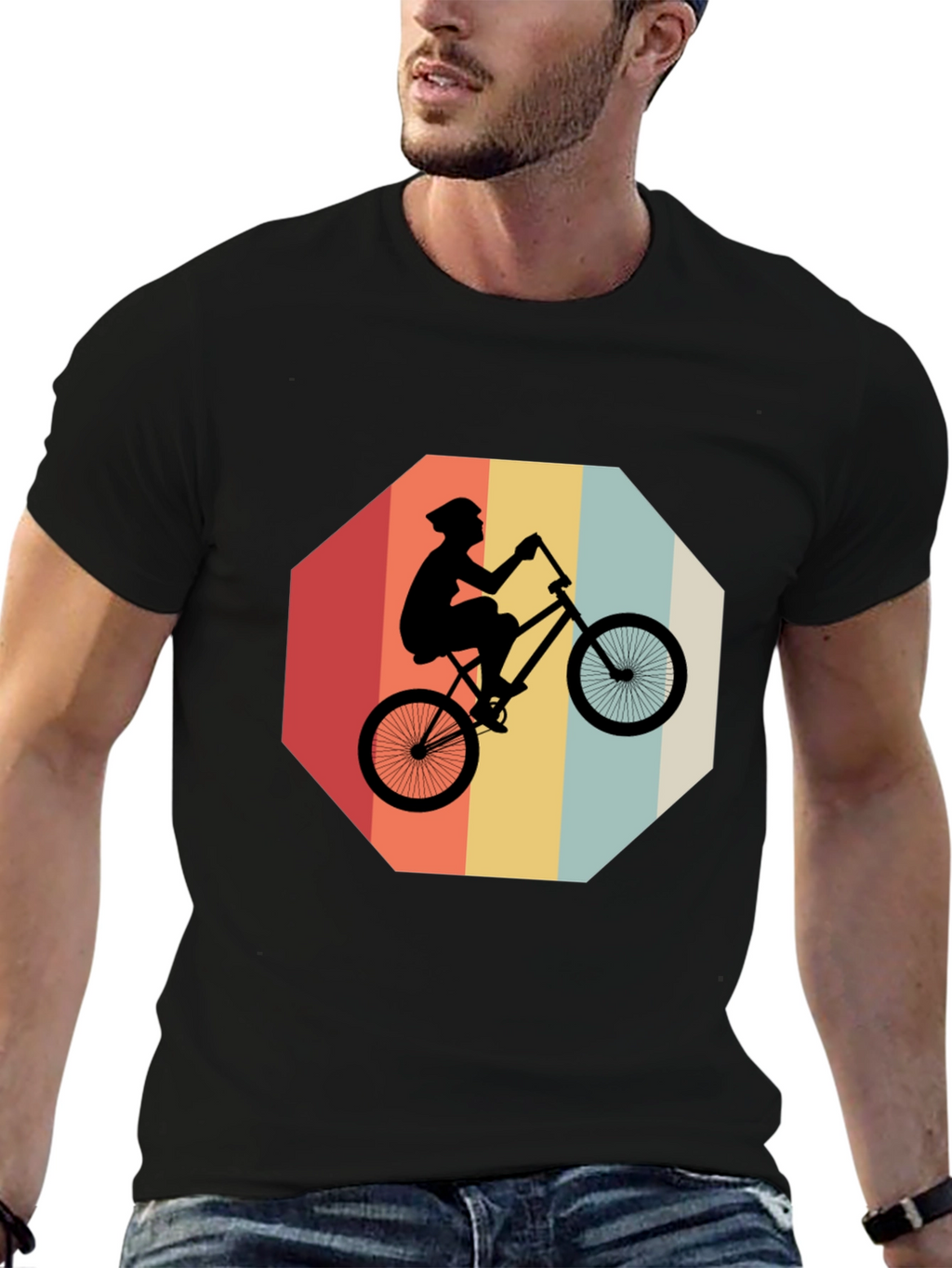 Retro Bike Rider Graphic Tee - Black Cotton Blend