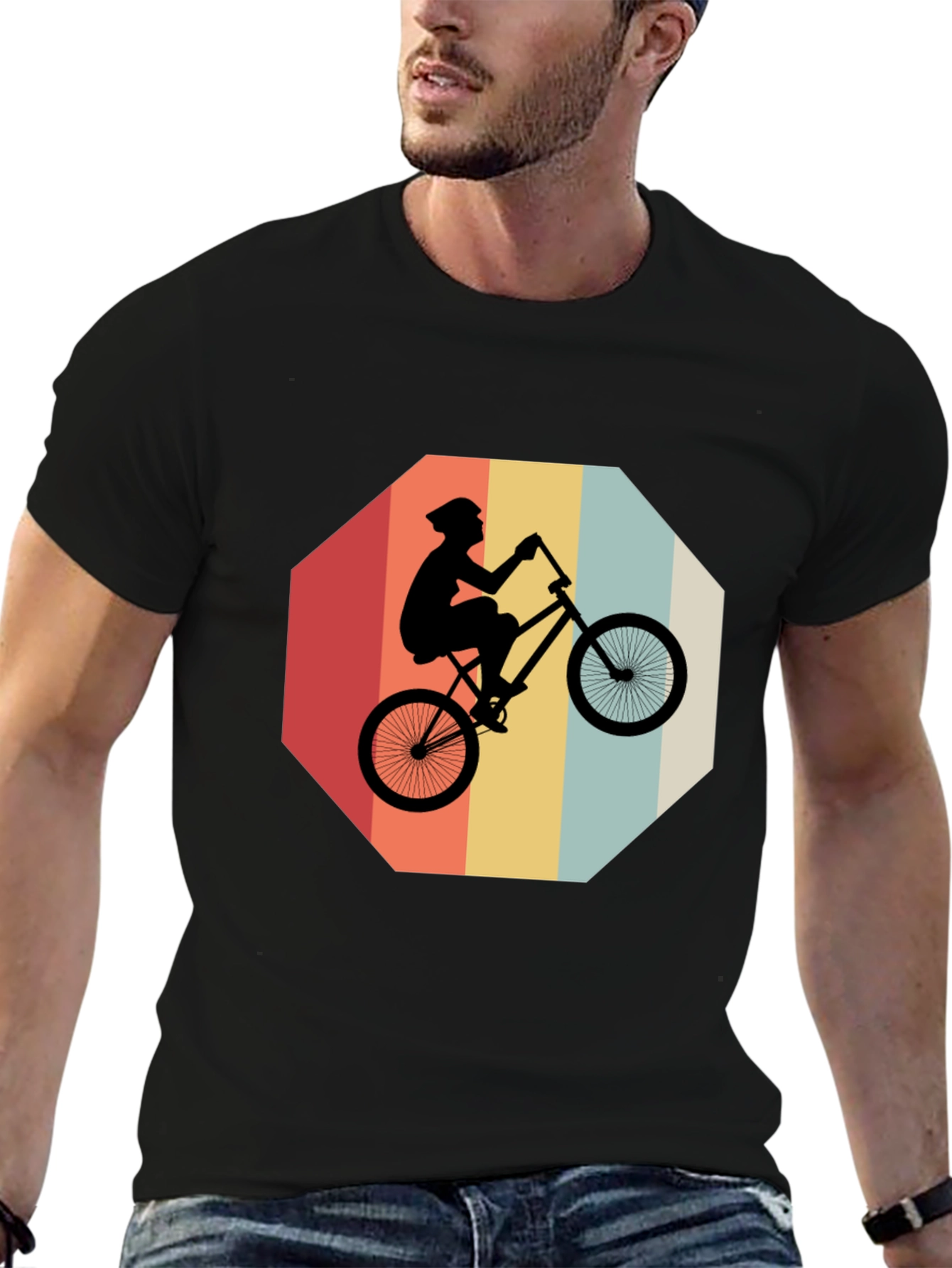 Retro Bike Rider Graphic Tee - Black Cotton Blend